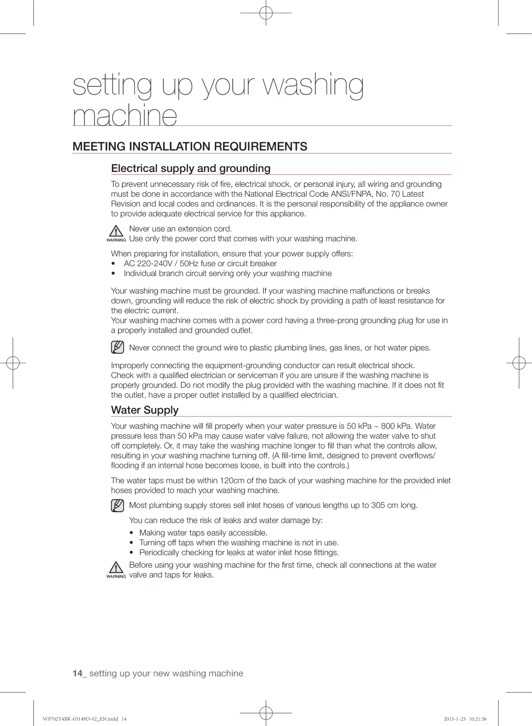 Samsung WF600B4BKWQ/EE, WF702B4BKWQ/EE Meeting installation requirements, Electrical supply and grounding, Water Supply 