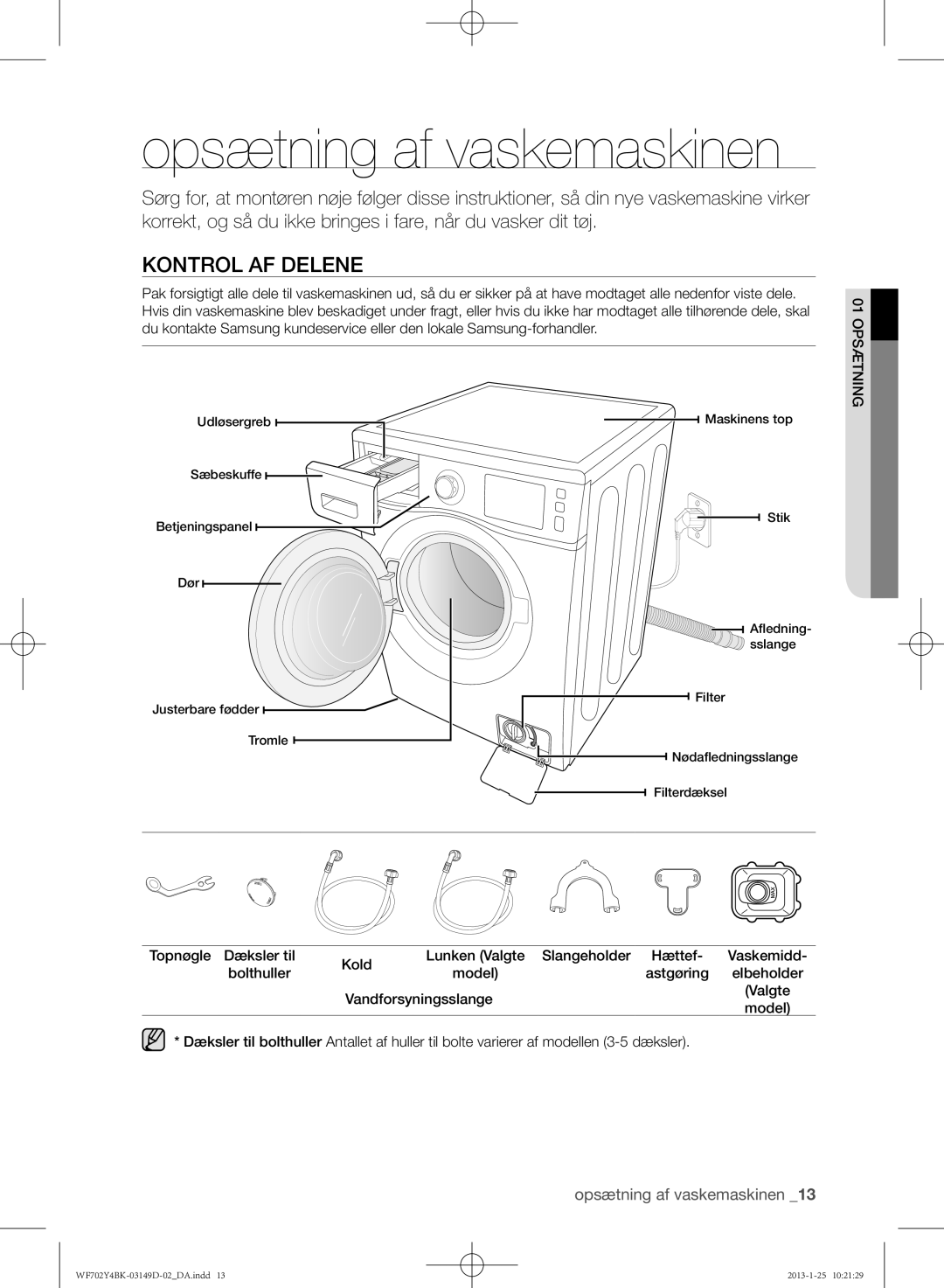 Samsung WF602B4BKWQ/EE, WF702B4BKWQ/EE, WF600B4BKWQ/EE manual Opsætning af vaskemaskinen, Kontrol af delene 