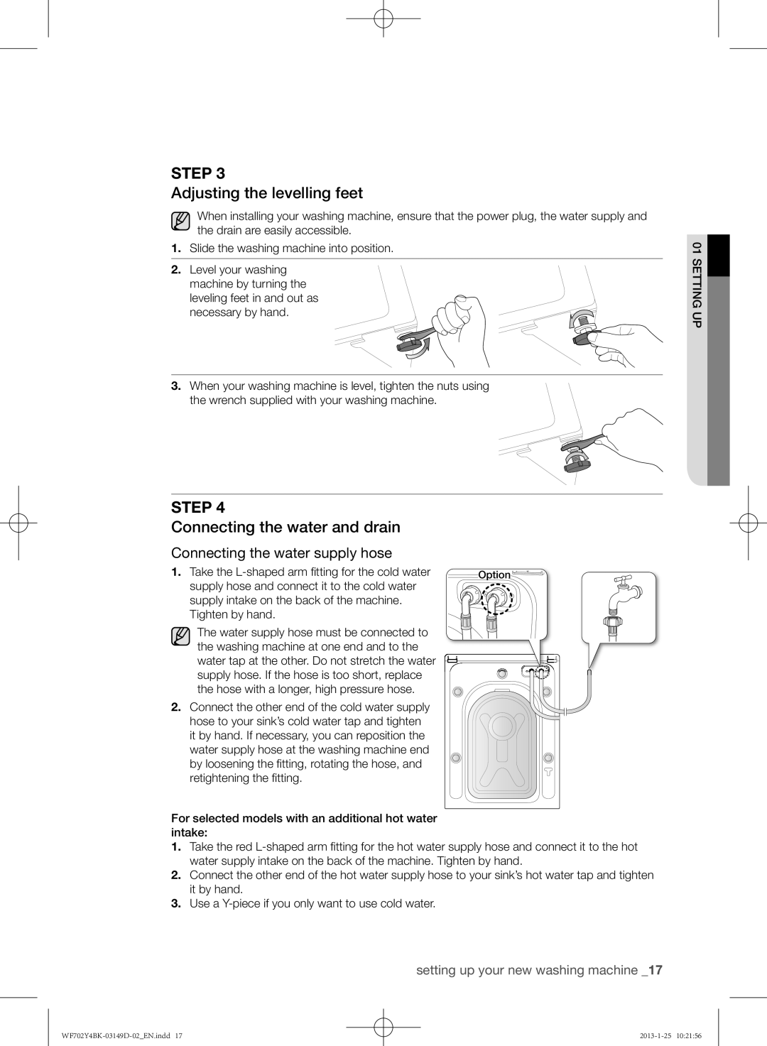 Samsung WF600B4BKWQ/EE Adjusting the levelling feet, Connecting the water and drain, Connecting the water supply hose 