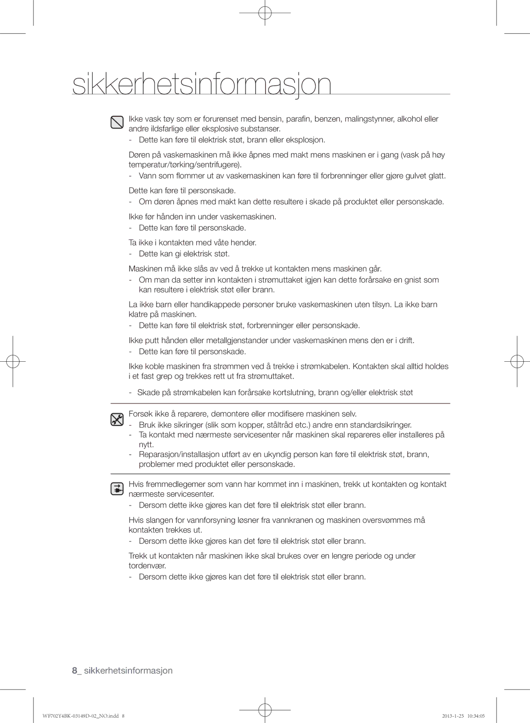 Samsung WF602B4BKWQ/EE, WF702B4BKWQ/EE, WF600B4BKWQ/EE manual Sikkerhetsinformasjon 