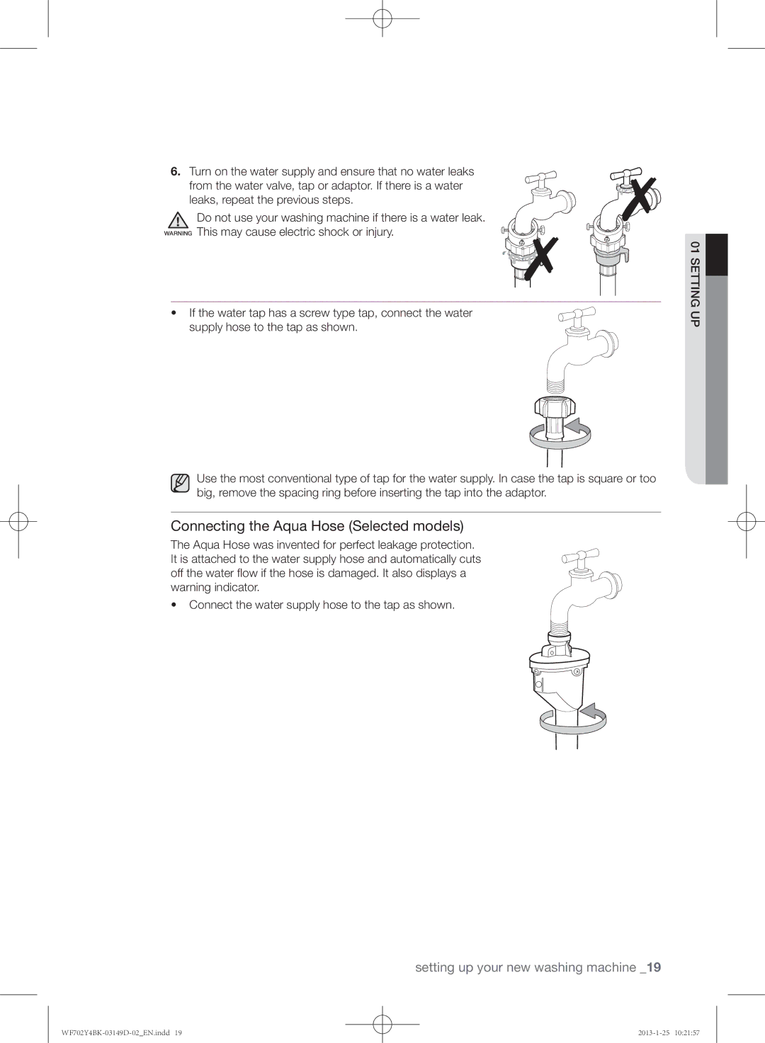 Samsung WF602B4BKWQ/EE, WF702B4BKWQ/EE, WF600B4BKWQ/EE manual Connecting the Aqua Hose Selected models 