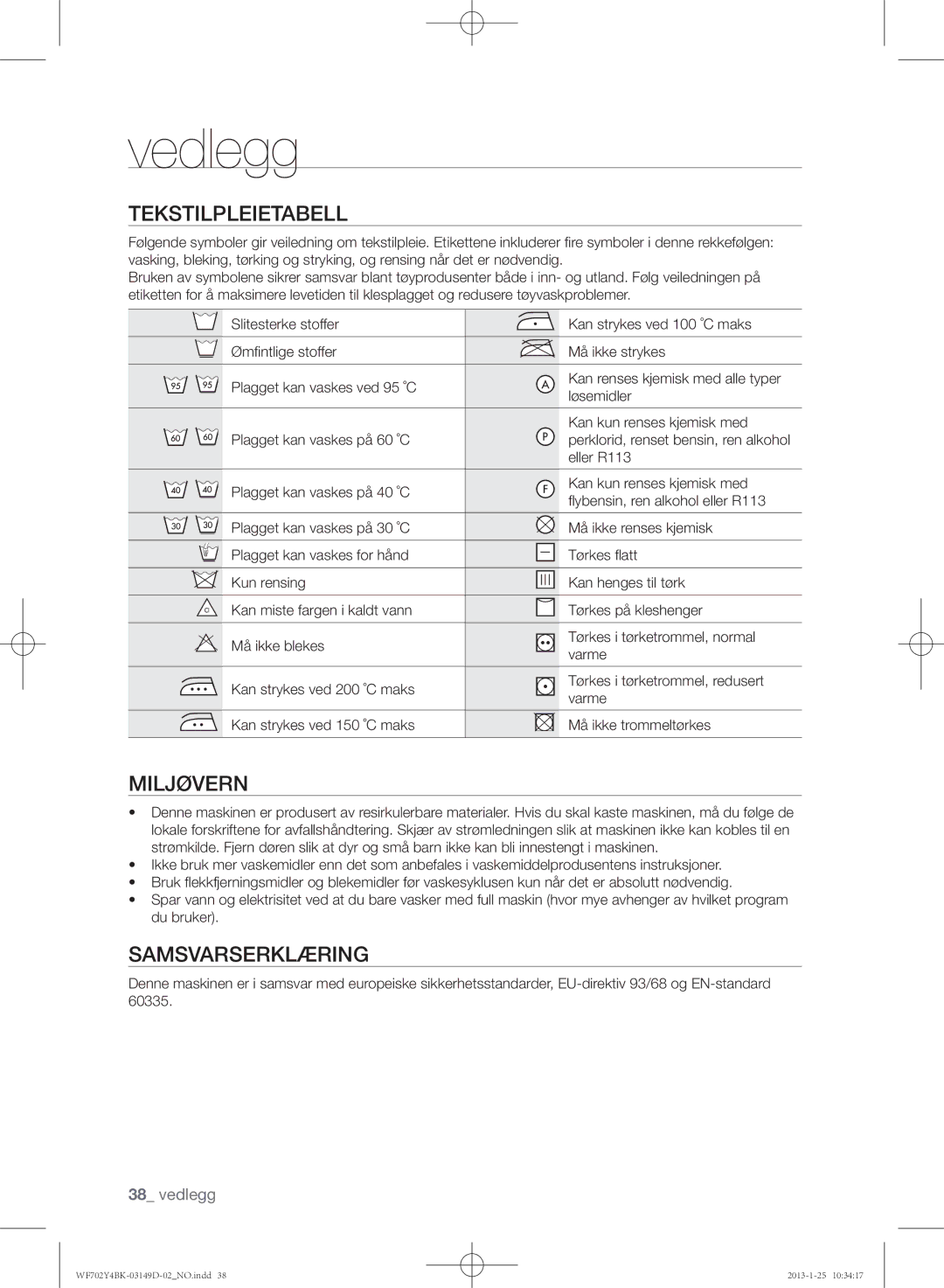 Samsung WF602B4BKWQ/EE, WF702B4BKWQ/EE, WF600B4BKWQ/EE manual Vedlegg, Tekstilpleietabell, Miljøvern, Samsvarserklæring 