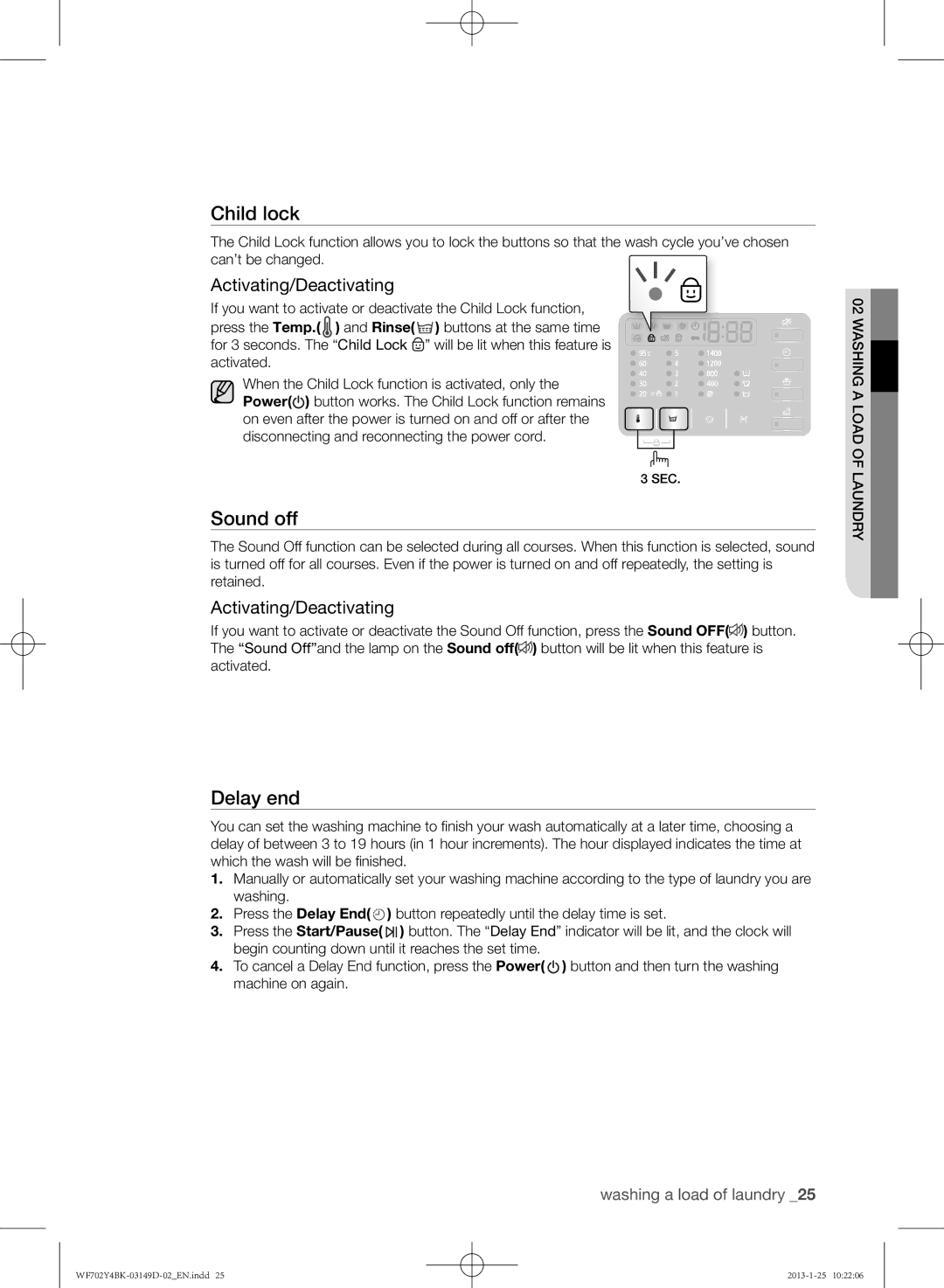 Samsung WF602B4BKWQ/EE, WF702B4BKWQ/EE, WF600B4BKWQ/EE manual Sound off, Activating/Deactivating 