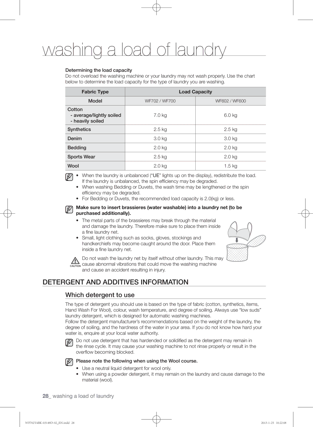 Samsung WF602B4BKWQ/EE manual Detergent and additives information, Which detergent to use, Fabric Type Load Capacity, Model 