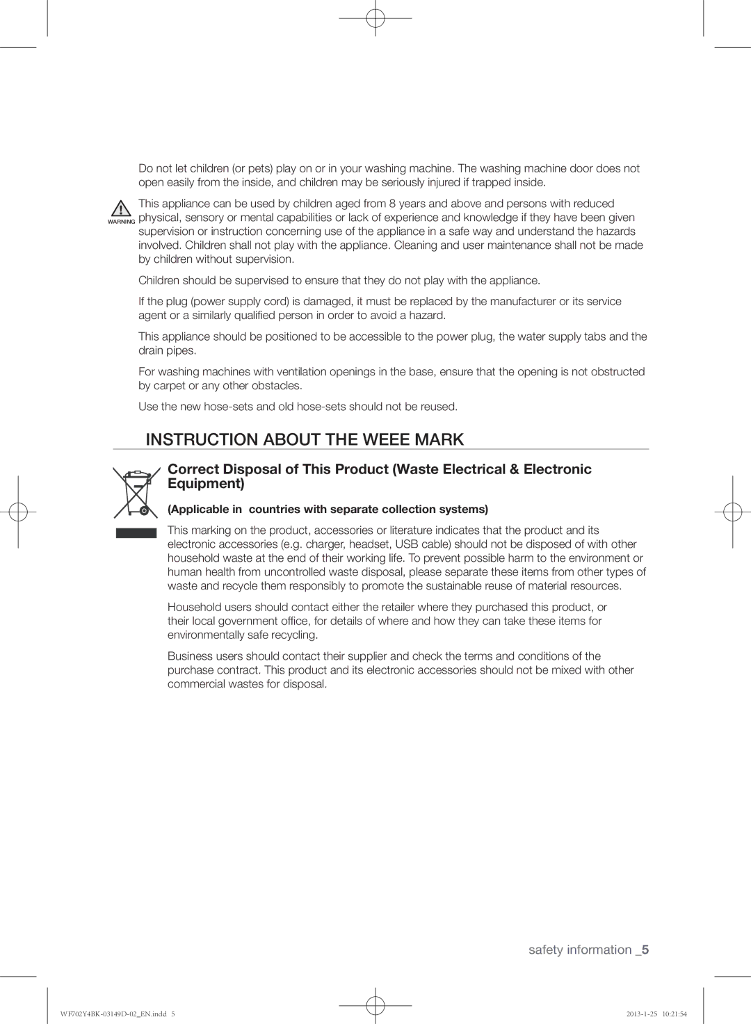 Samsung WF600B4BKWQ/EE manual Instruction about the Weee mark, Applicable in countries with separate collection systems 