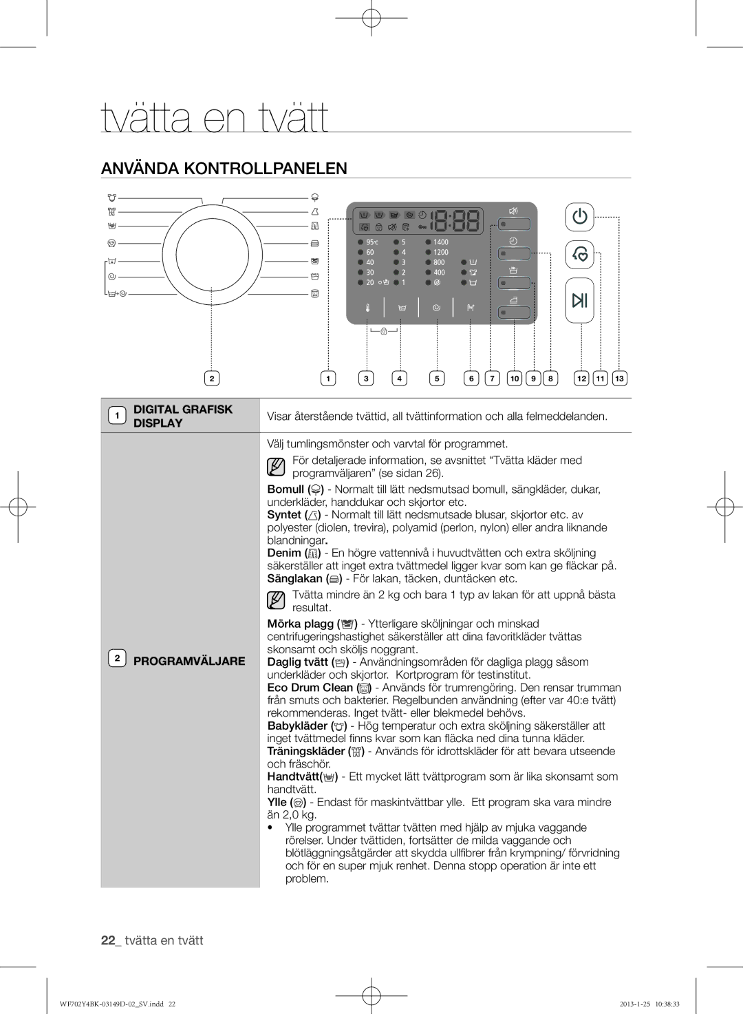 Samsung WF702B4BKWQ/EE, WF602B4BKWQ/EE, WF600B4BKWQ/EE manual Använda kontrollpanelen, Digital Grafisk 