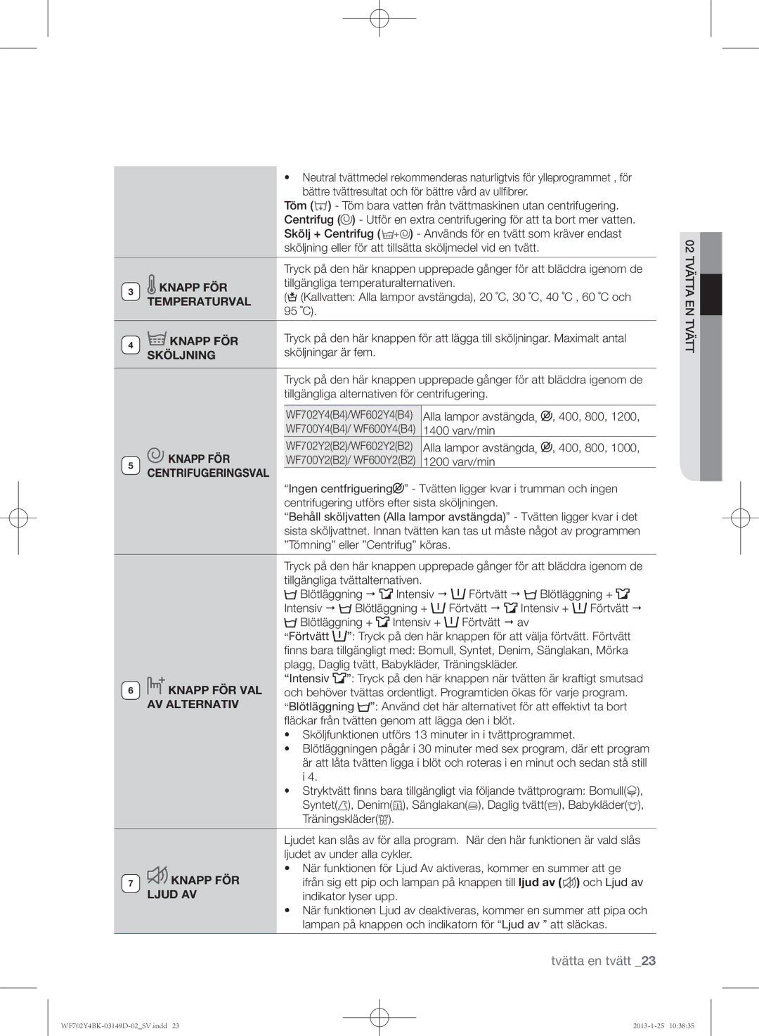 Samsung WF602B4BKWQ/EE manual Temperaturval, Sköljning, Centrifugeringsval, Knapp FÖR VAL, AV Alternativ, Ljud AV 