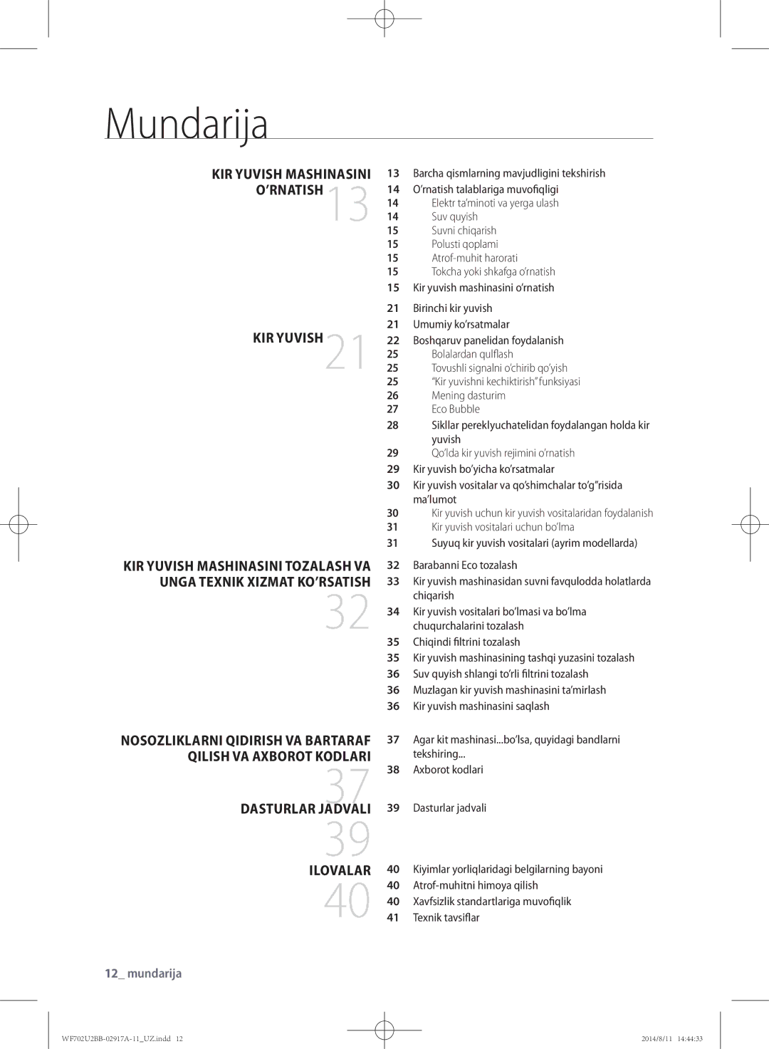 Samsung WF702U2BBWQDLP manual Mundarija, Kir yuvish mashinasini o’rnatish13, Ilovalar, Nosozliklarni Qidirish VA Bartaraf 