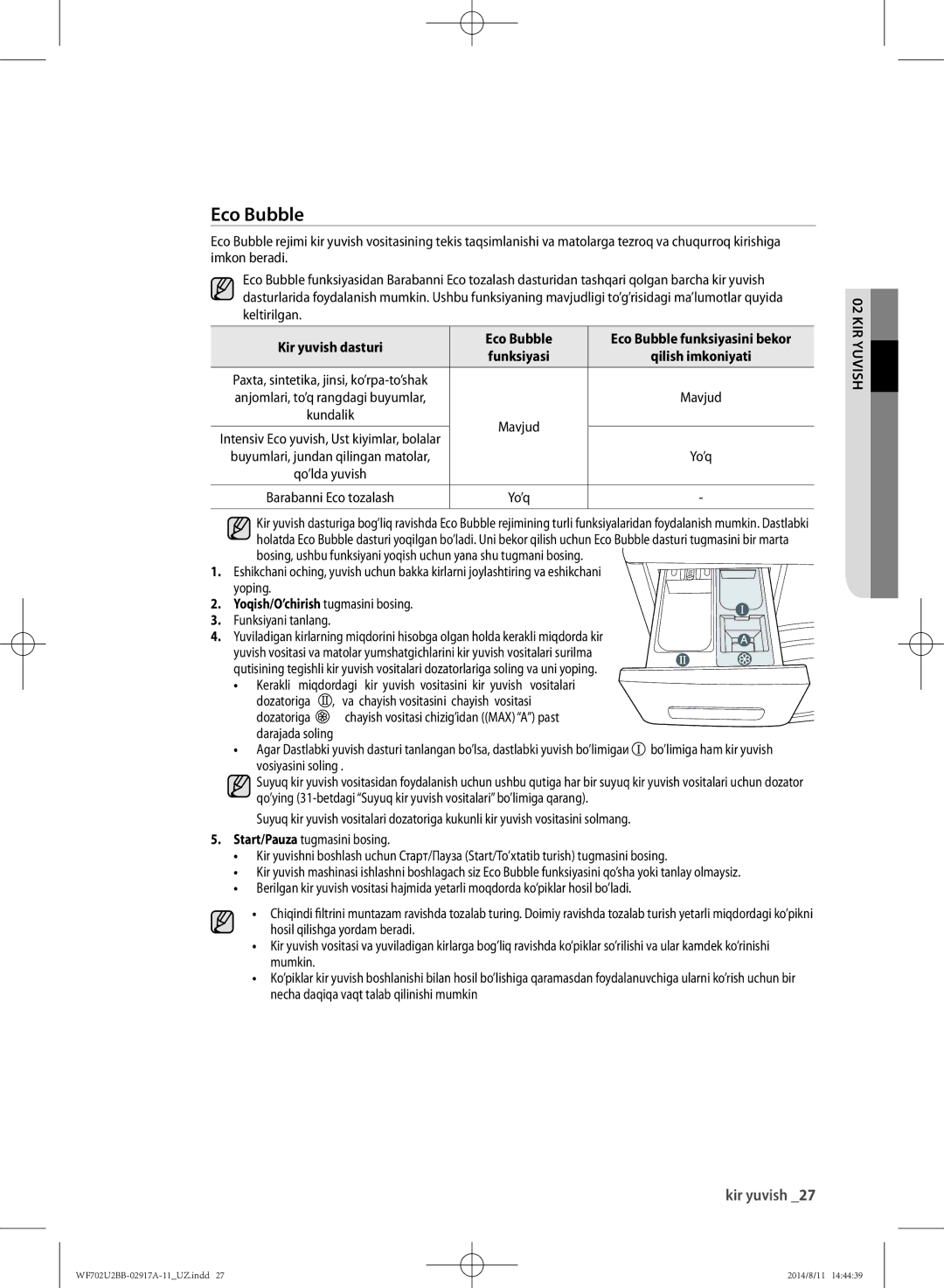 Samsung WF702U2BBWQDLP, WF702U2BBWQ/LP, WF602U2BKSD/LP Kir yuvish dasturi Eco Bubble, Funksiyani tanlang, Vosiyasini soling 