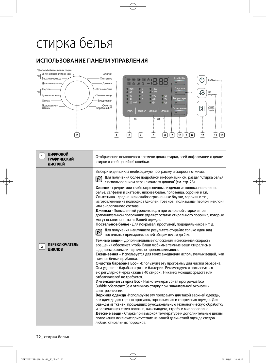 Samsung WF602U2BKWQ/LP, WF702U2BBWQ/LP, WF602U2BKSD/LP, WF602U2BKWQDLP manual Использование панели управления, 22 стирка белья 