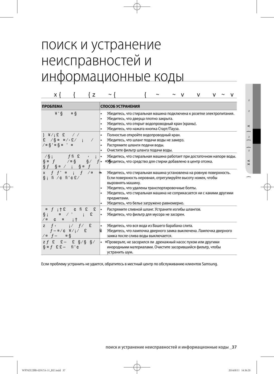 Samsung WF602U2BKWQ/LP, WF702U2BBWQ/LP manual Проверьте следующие пункты, если стиральная машина, Проблема Способ Устранения 