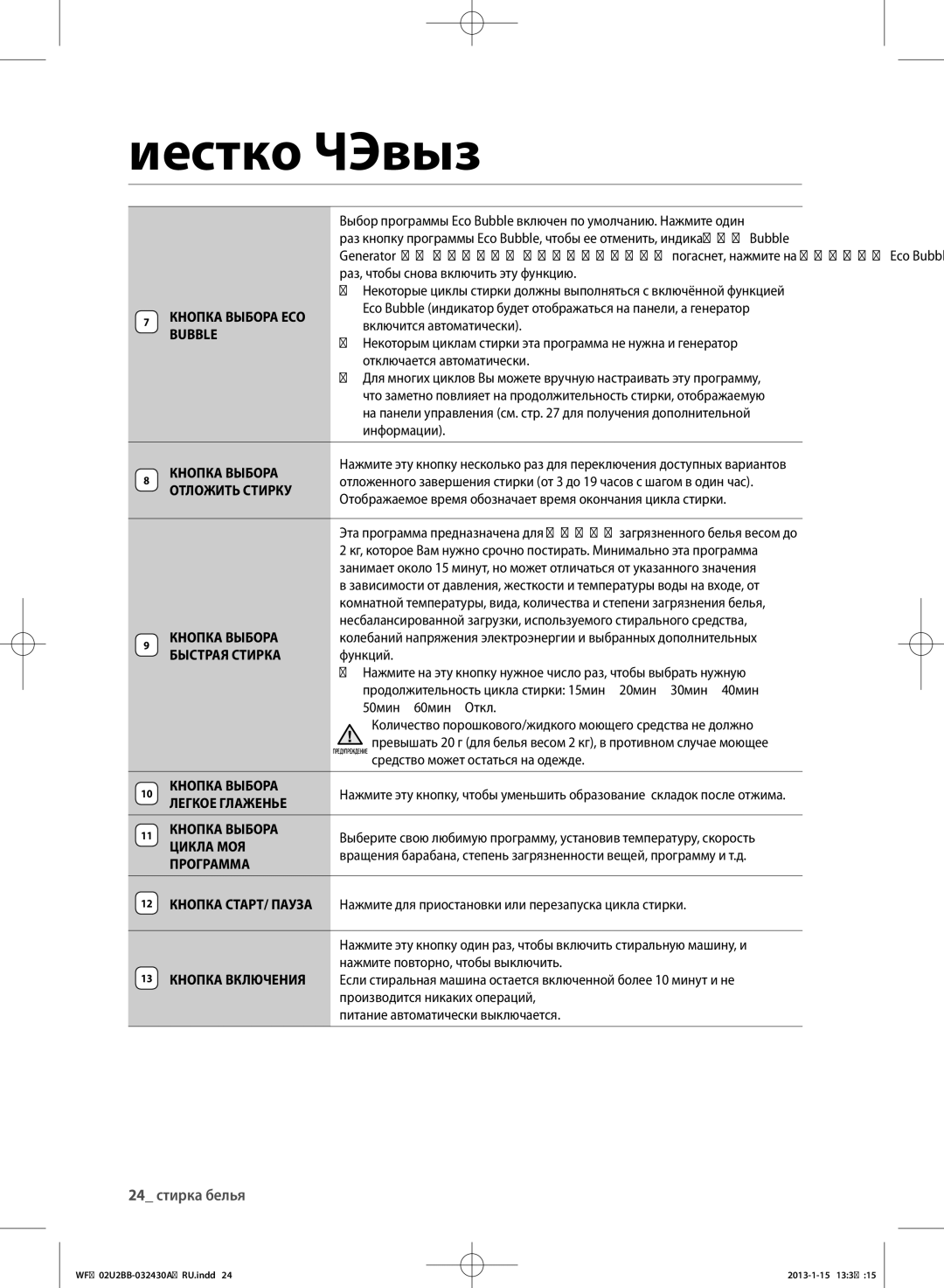 Samsung WF702U2BBWQ/LP manual КНоПкА ВыбоРА ECO Bubble, ОтлоЖИть стИРкУ, БыстРАя стИРкА Функций, ЛЕгкоЕ глАЖЕНьЕ, ЦИклА Моя 