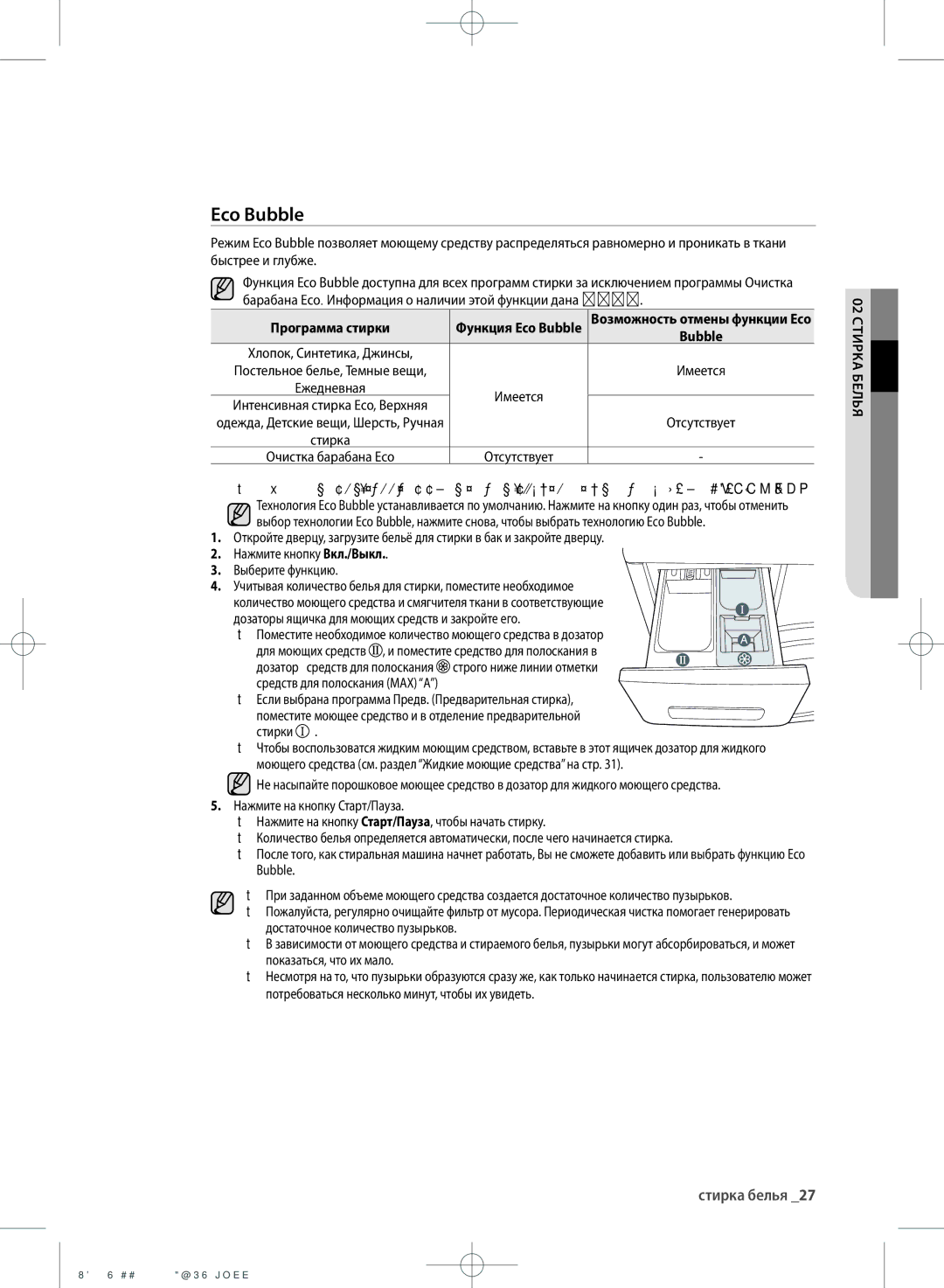 Samsung WF702U2BBWQDLP manual Eco Bubble, Программа стирки, Поместите необходимое количество моющего средства в дозатор 