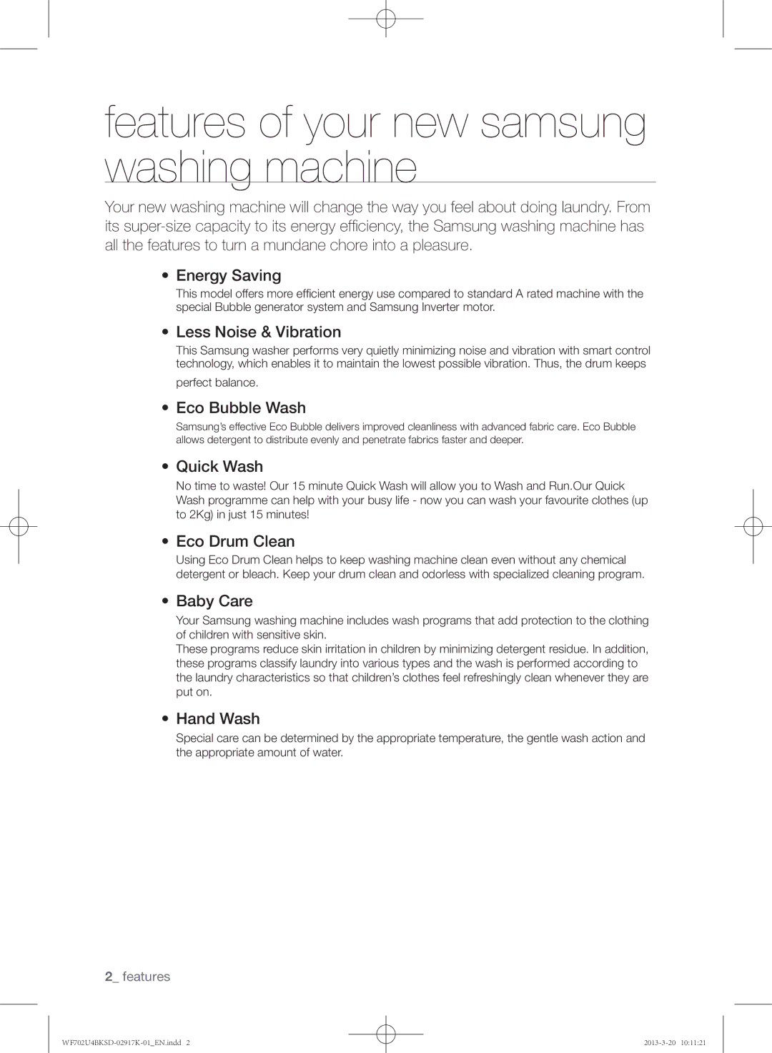 Samsung WF702U4BKSD/SG manual Features of your new samsung washing machine 