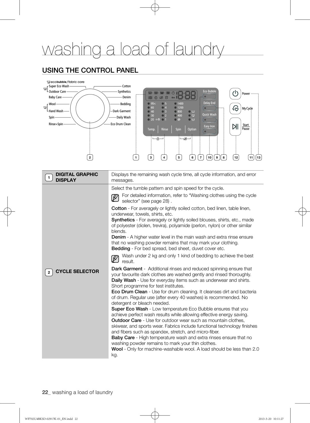 Samsung WF702U4BKSD/SG manual Using the control panel, Messages 