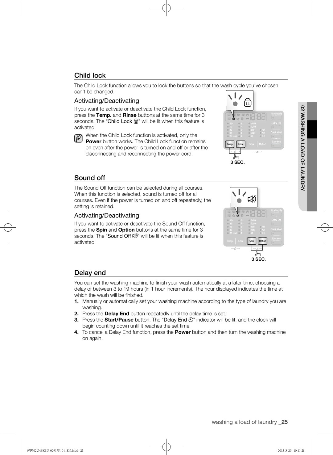 Samsung WF702U4BKSD/SG manual Sound off, Activating/Deactivating 