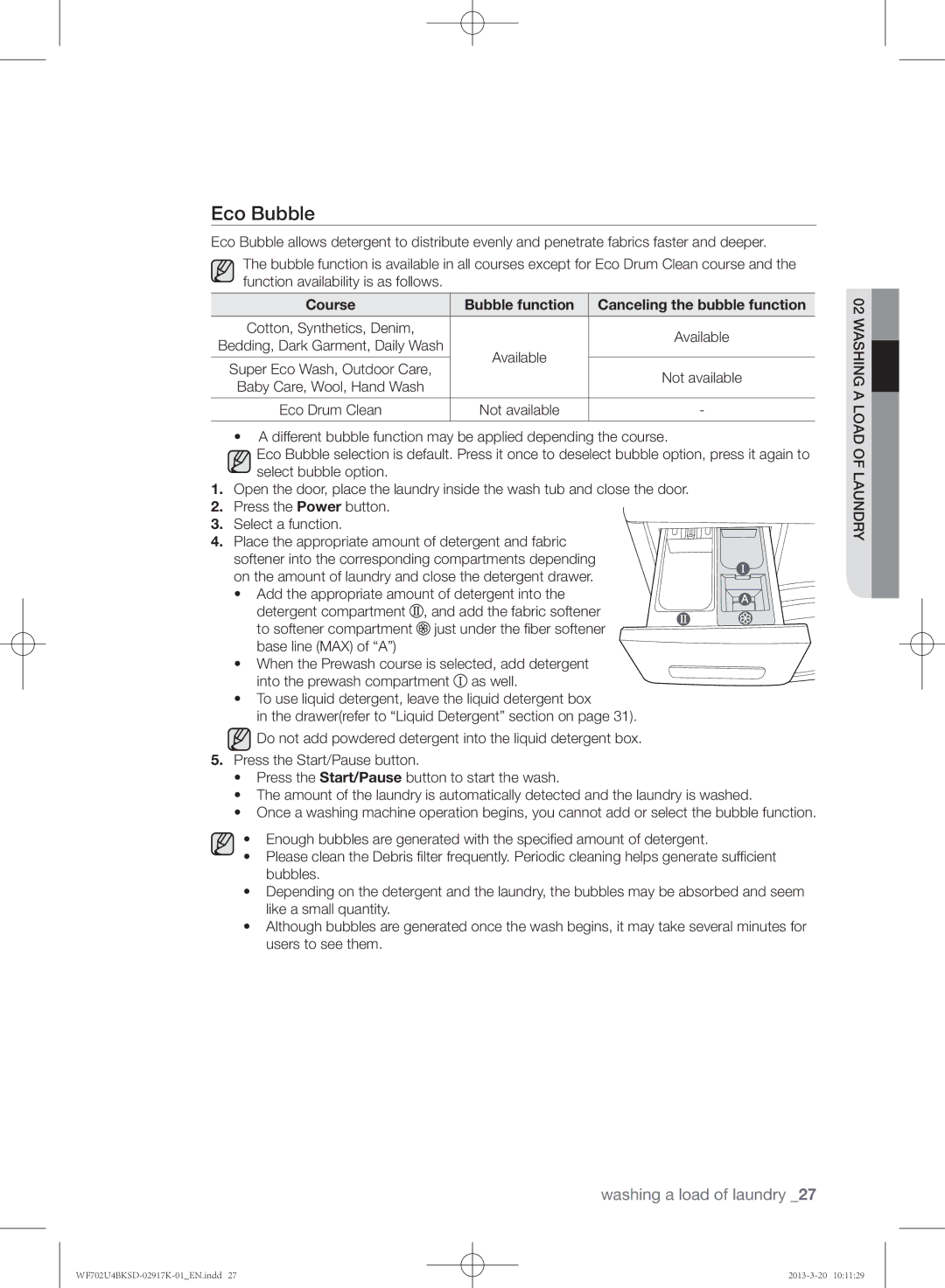 Samsung WF702U4BKSD/SG manual Eco Bubble, Course Bubble function Canceling the bubble function 