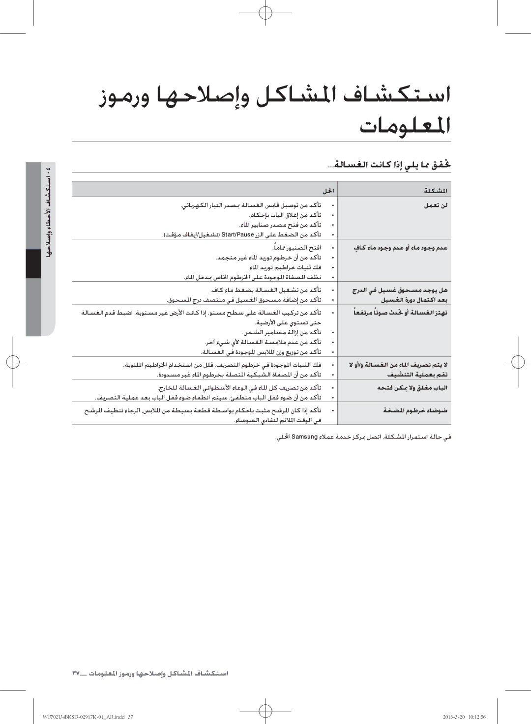 Samsung WF702U4BKSD/SG manual ةلاسغلا تناك اذإ يلي امم ققتح 