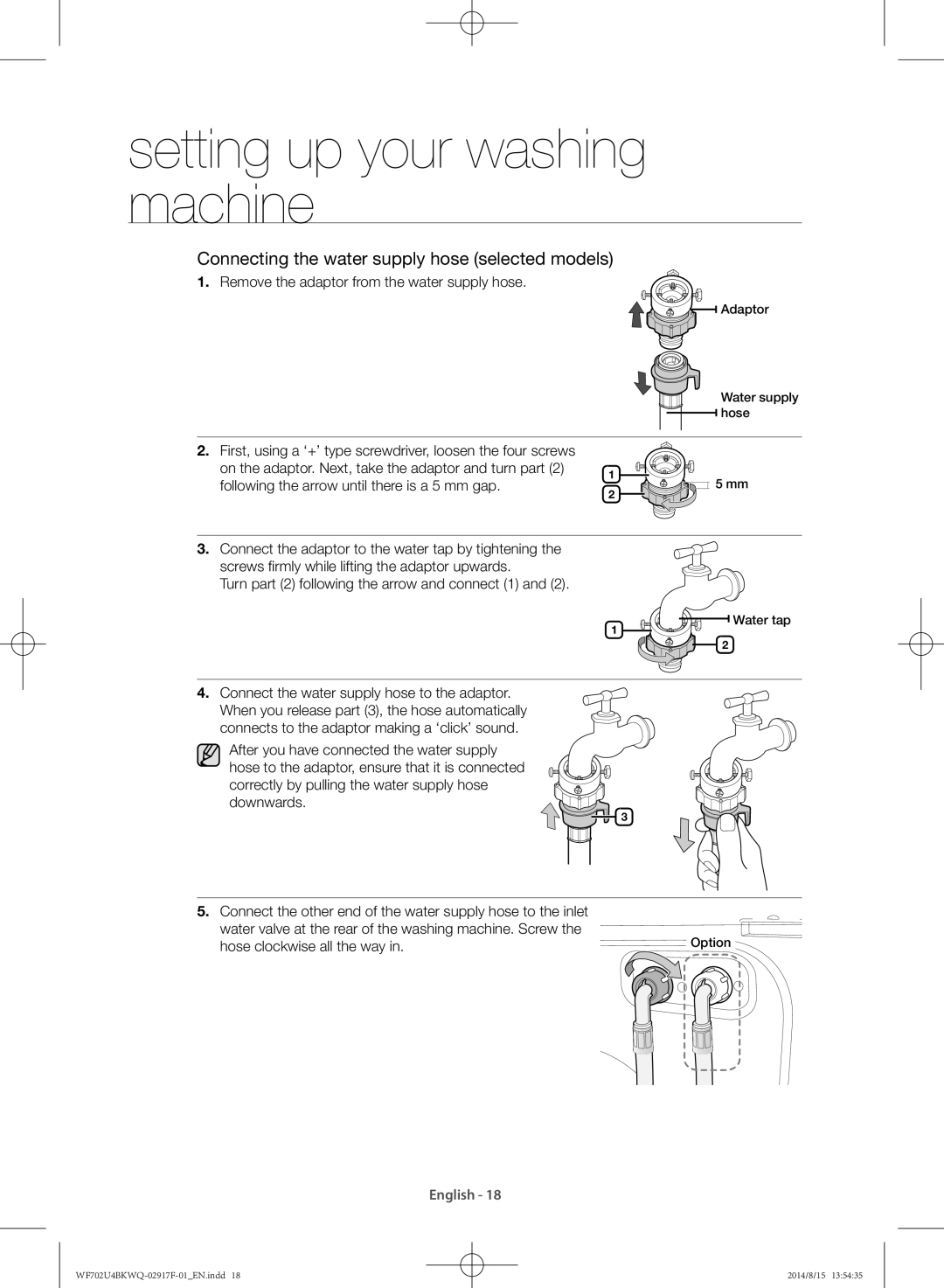 Samsung WF702U4BKWQ/YL manual Connecting the water supply hose selected models 