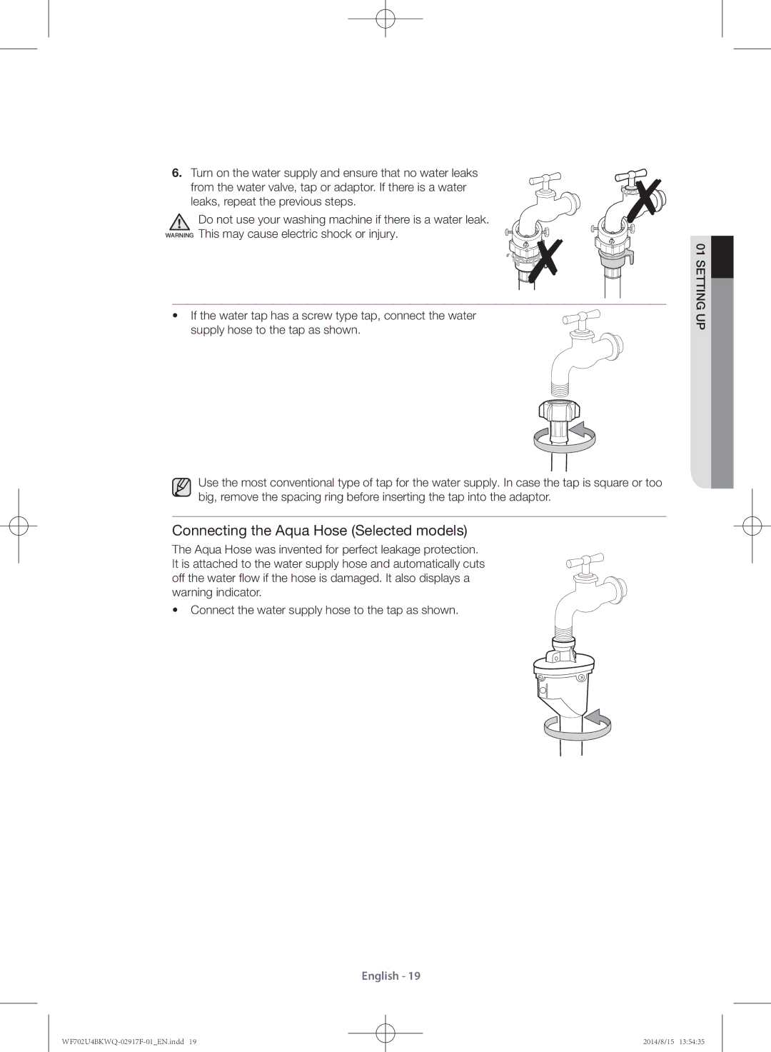 Samsung WF702U4BKWQ/YL manual Connecting the Aqua Hose Selected models 