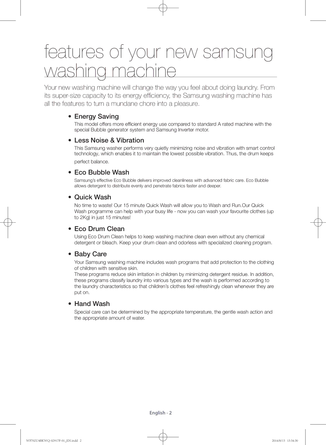 Samsung WF702U4BKWQ/YL manual Features of your new samsung washing machine 