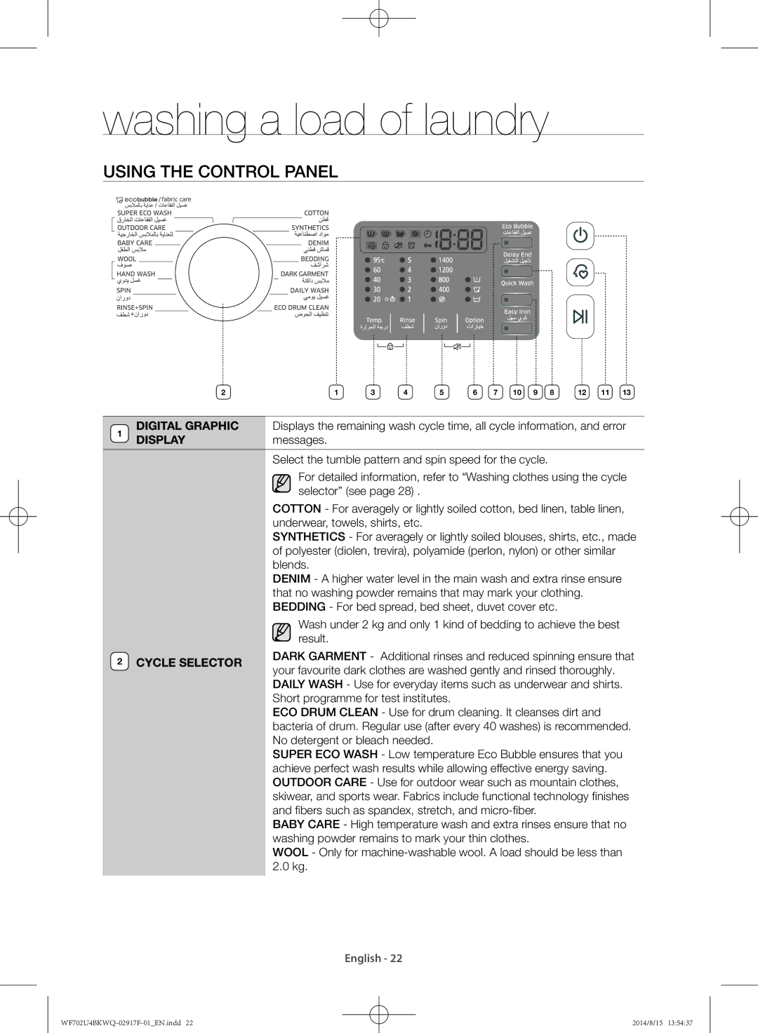 Samsung WF702U4BKWQ/YL manual Using the control panel, Messages 