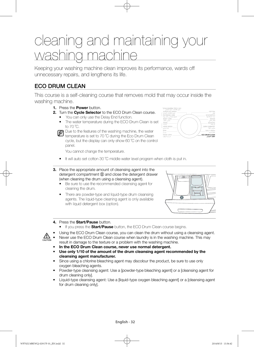 Samsung WF702U4BKWQ/YL manual Cleaning and maintaining your washing machine, Eco drum clean 