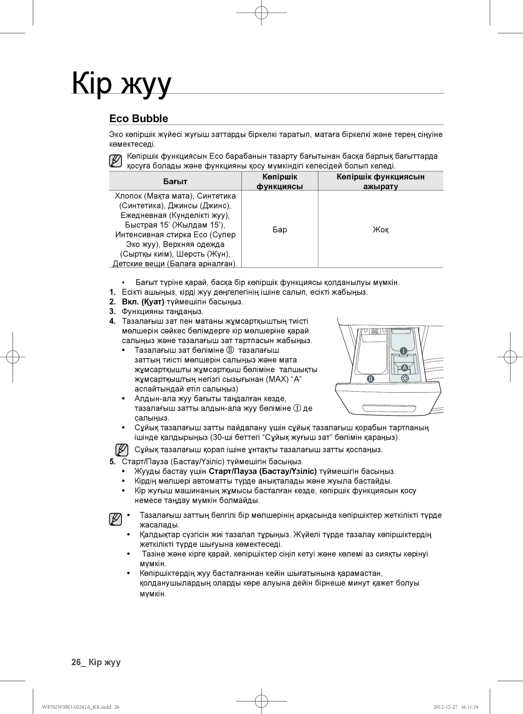 Samsung WF602W0BCSD/LP 26 Кір жуу, Бағыт Көпіршік Көпіршік функциясын Функциясы Ажырату, Жоқ, Интенсивная стирка Eco Супер 