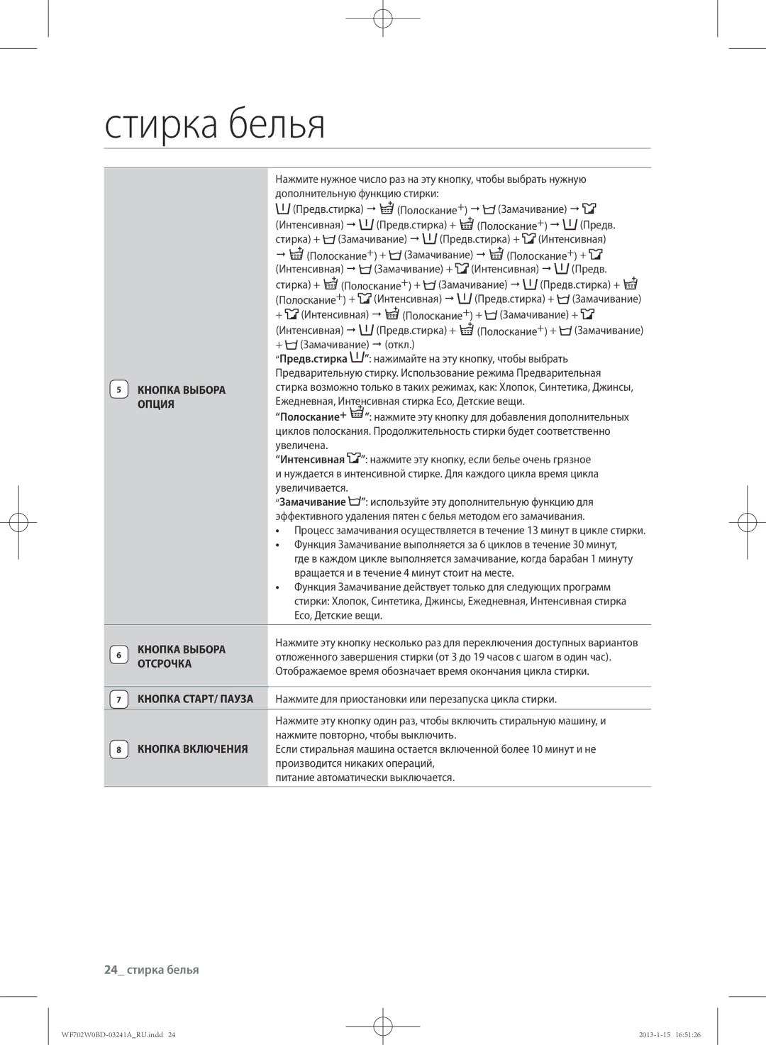 Samsung WF600W0BCWQ/LP, WF702W0BDWQ/LP, WF602W0BCWQ/LP 24 стирка белья, КНоПкА ВыбоРА оПцИя, + Замачивание  откл, ОтсРочкА 