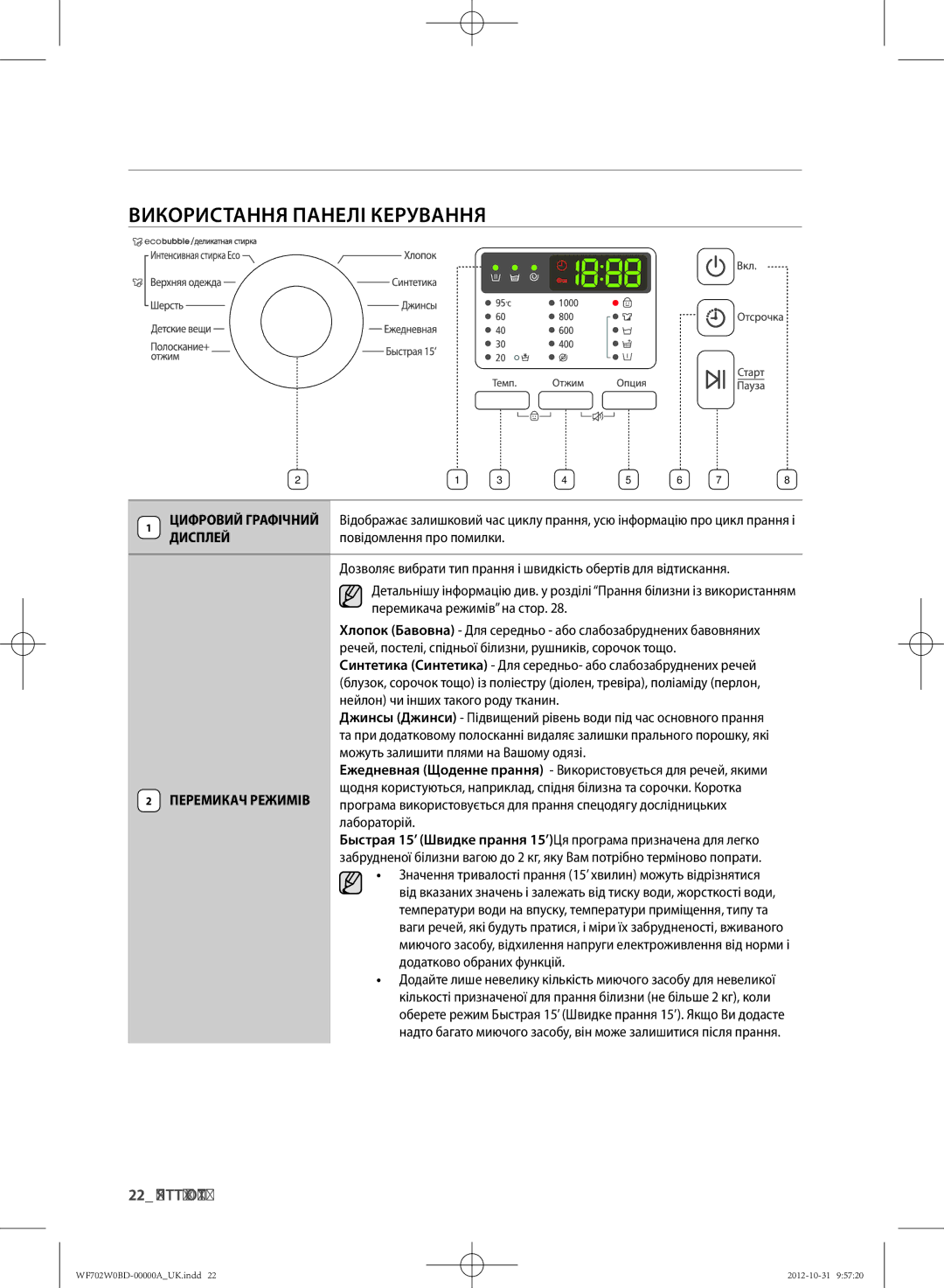 Samsung WF602W0BCWQ/LP, WF702W0BDWQ/LP, WF602W0BCWQDLP ВИКОРИСТАННя ПАНЕлІ КЕРУВАННя, 22 прання білизни, ПЕРЕмикАч РЕЖиміВ 