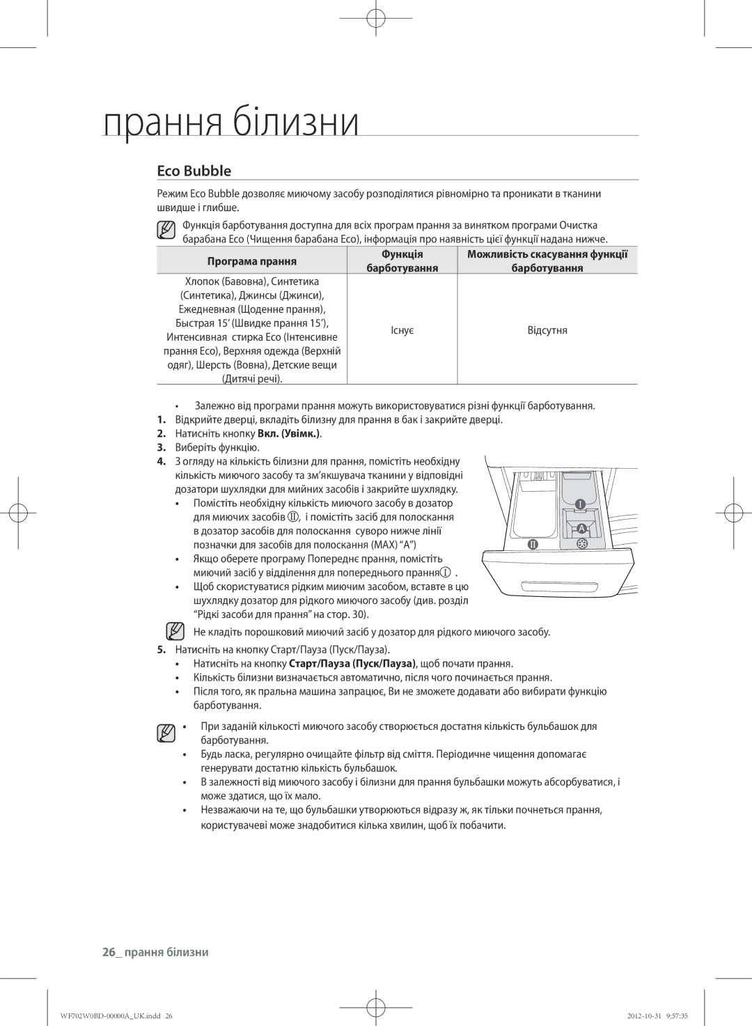 Samsung WF602W0BCSD/LP, WF702W0BDWQ/LP manual 26 прання білизни, Програма прання Функція, Можливість скасування функції 