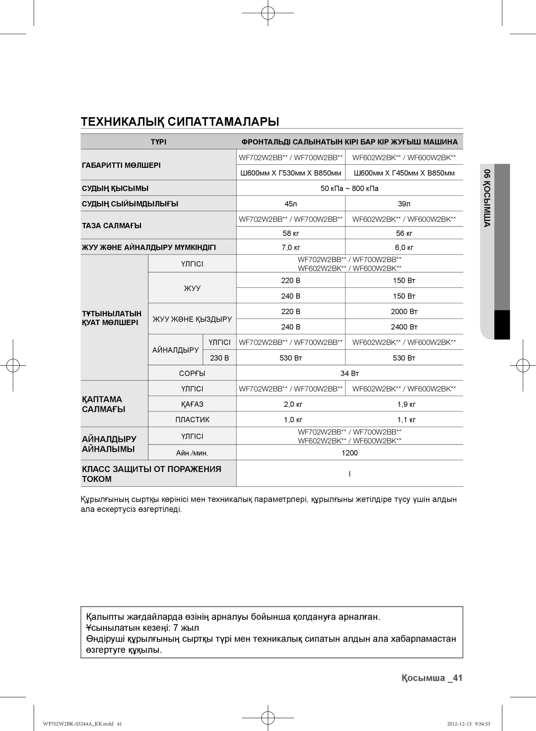 Samsung WF602W2BKWQ/LP, WF702W2BBWQDLP, WF702W2BBWQ/LP, WF602W2BKSD/LP, WF602W2BKWQDLP manual Техникалық Сипаттамалары, Қосымша 