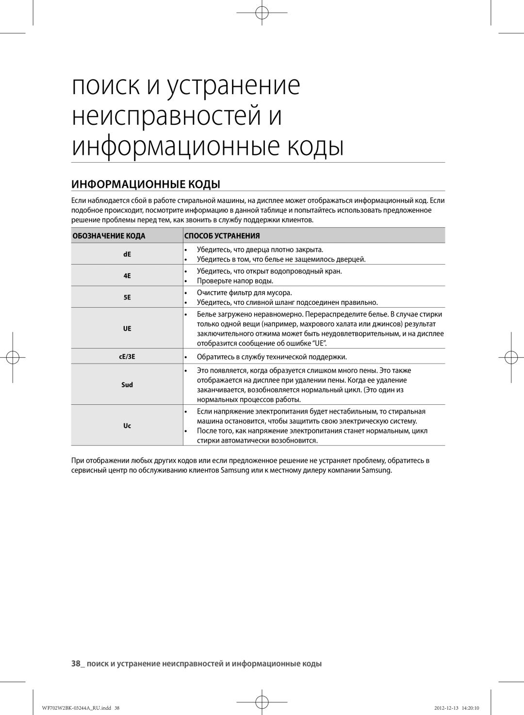 Samsung WF602W2BKWQDLP, WF702W2BBWQDLP Информационные Коды, 38 поиск и устранение неисправностей и информационные коды 