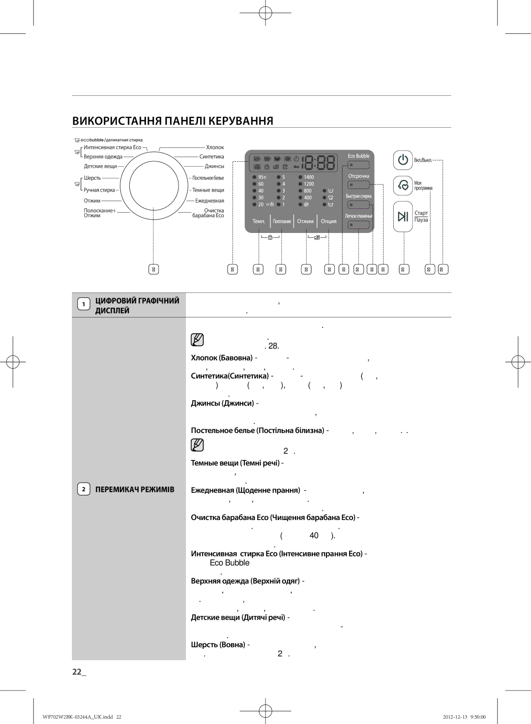 Samsung WF702W2BBWQ/LP, WF702W2BBWQDLP, WF602W2BKSD/LP, WF602W2BKWQDLP manual ВИКОРИСТАННя ПАНЕлІ КЕРУВАННя, 22 прання білизни 