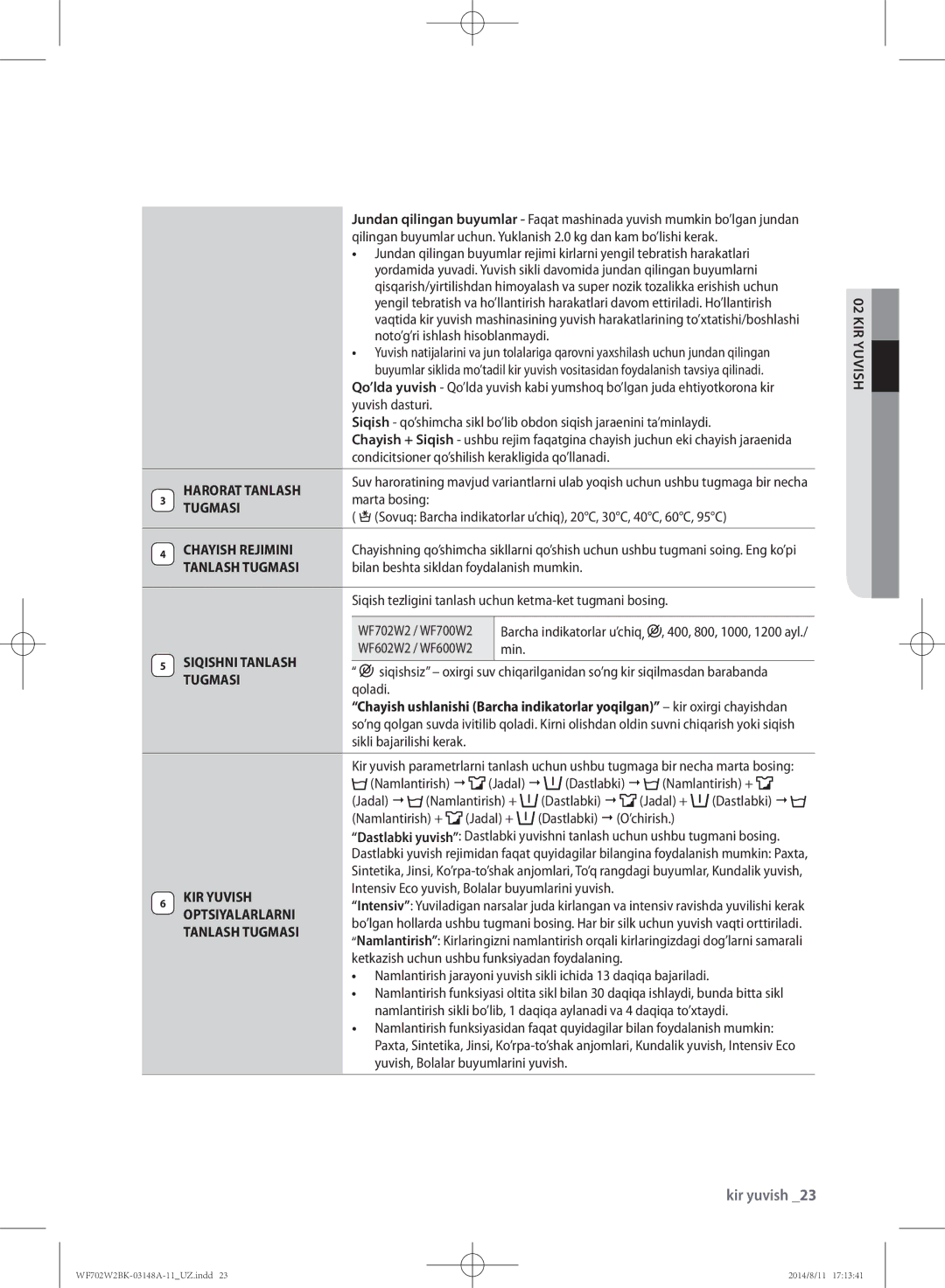 Samsung WF702W2BBWQDLP manual Harorat Tanlash, Chayish Rejimini, Tanlash Tugmasi, Siqishni Tanlash, Optsiyalarlarni 