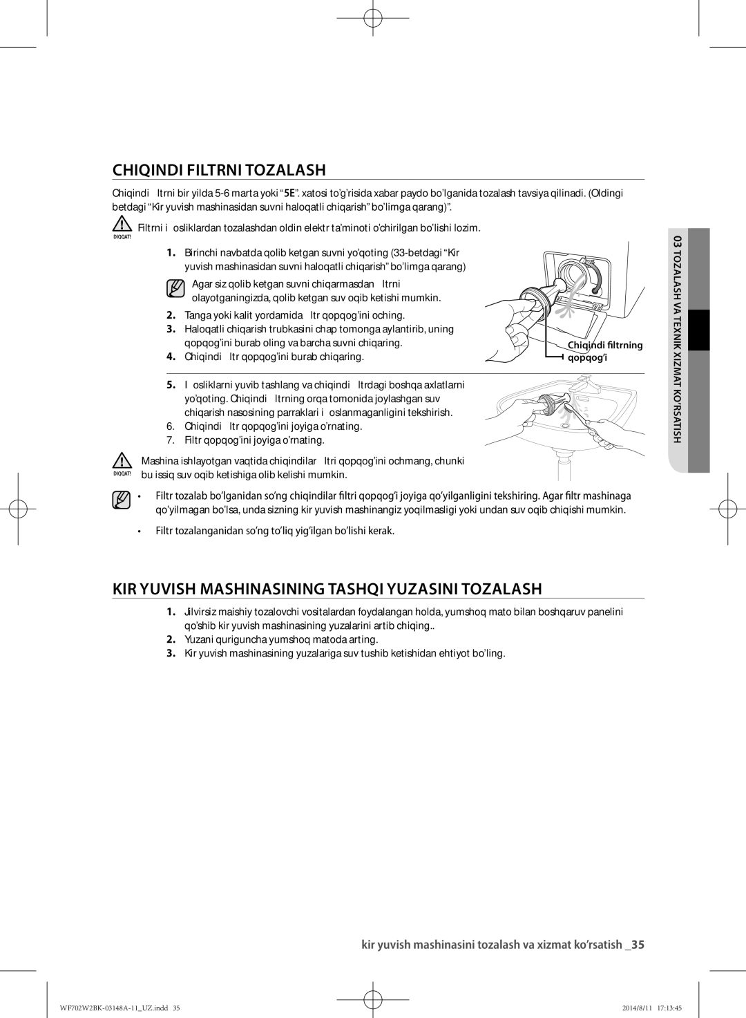 Samsung WF602W2BKSD/LP, WF702W2BBWQDLP manual Chiqindi Filtrni Tozalash, KIR Yuvish Mashinasining Tashqi Yuzasini Tozalash 