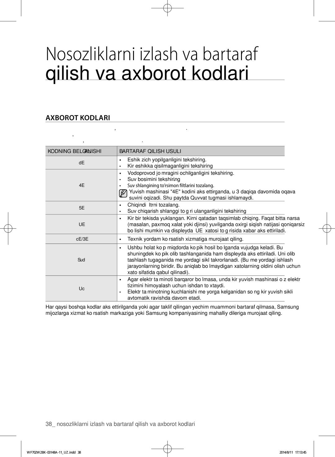 Samsung WF702W2BBWQDLP, WF702W2BBWQ/LP, WF602W2BKSD/LP manual Axborot Kodlari, Kodning Belgilanishi Bartaraf Qilish Usuli 