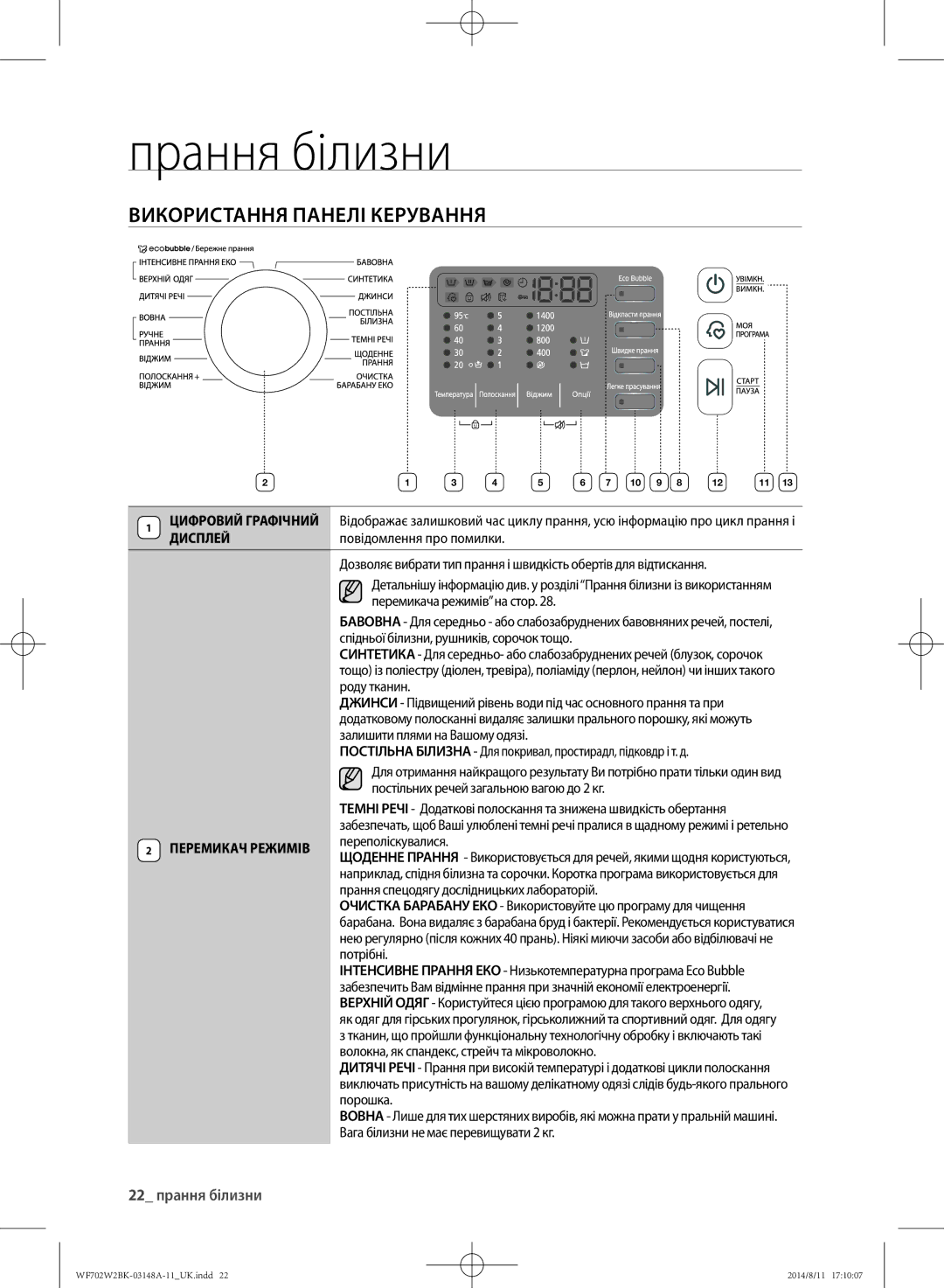 Samsung WF702W2BBWQ/LP, WF702W2BBWQDLP, WF602W2BKSD/LP Використання панелі керування, 22 прання білизни, Перемикач Режимів 