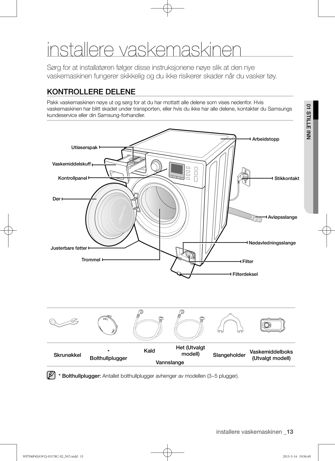 Samsung WF706P4SAWQ/EE manual Installere vaskemaskinen, Kontrollere delene, Kald Het Utvalgt, Skrunøkkel, Slangeholder 