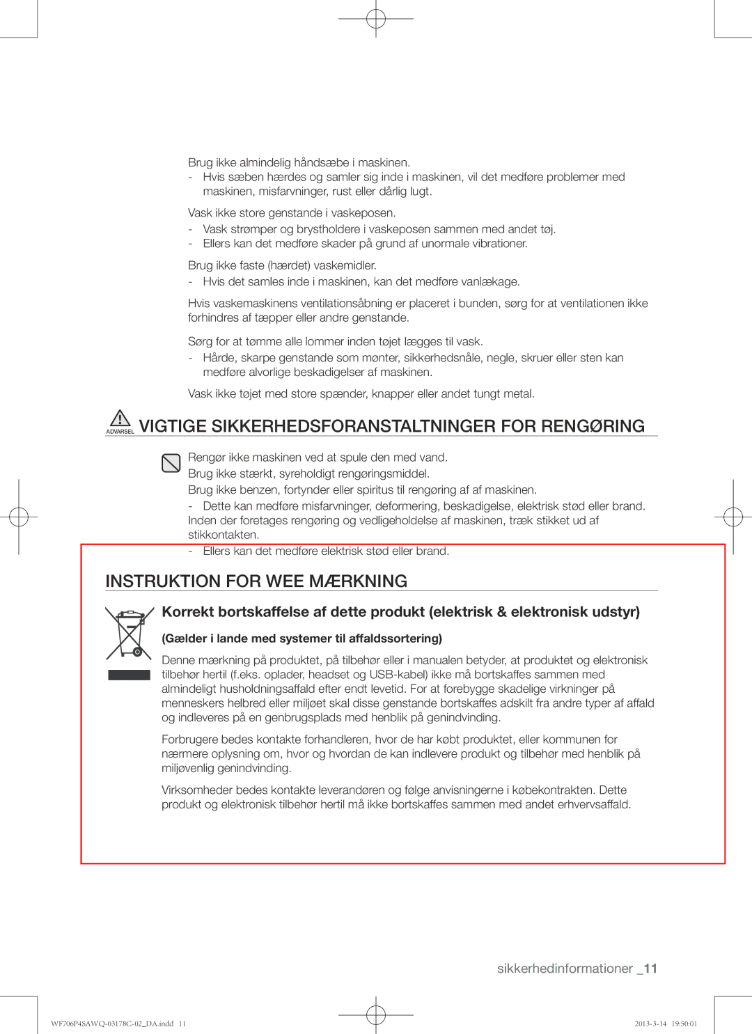 Samsung WF706P4SAWQ/EE manual Instruktion for WEE Mærkning, Gælder i lande med systemer til affaldssortering 