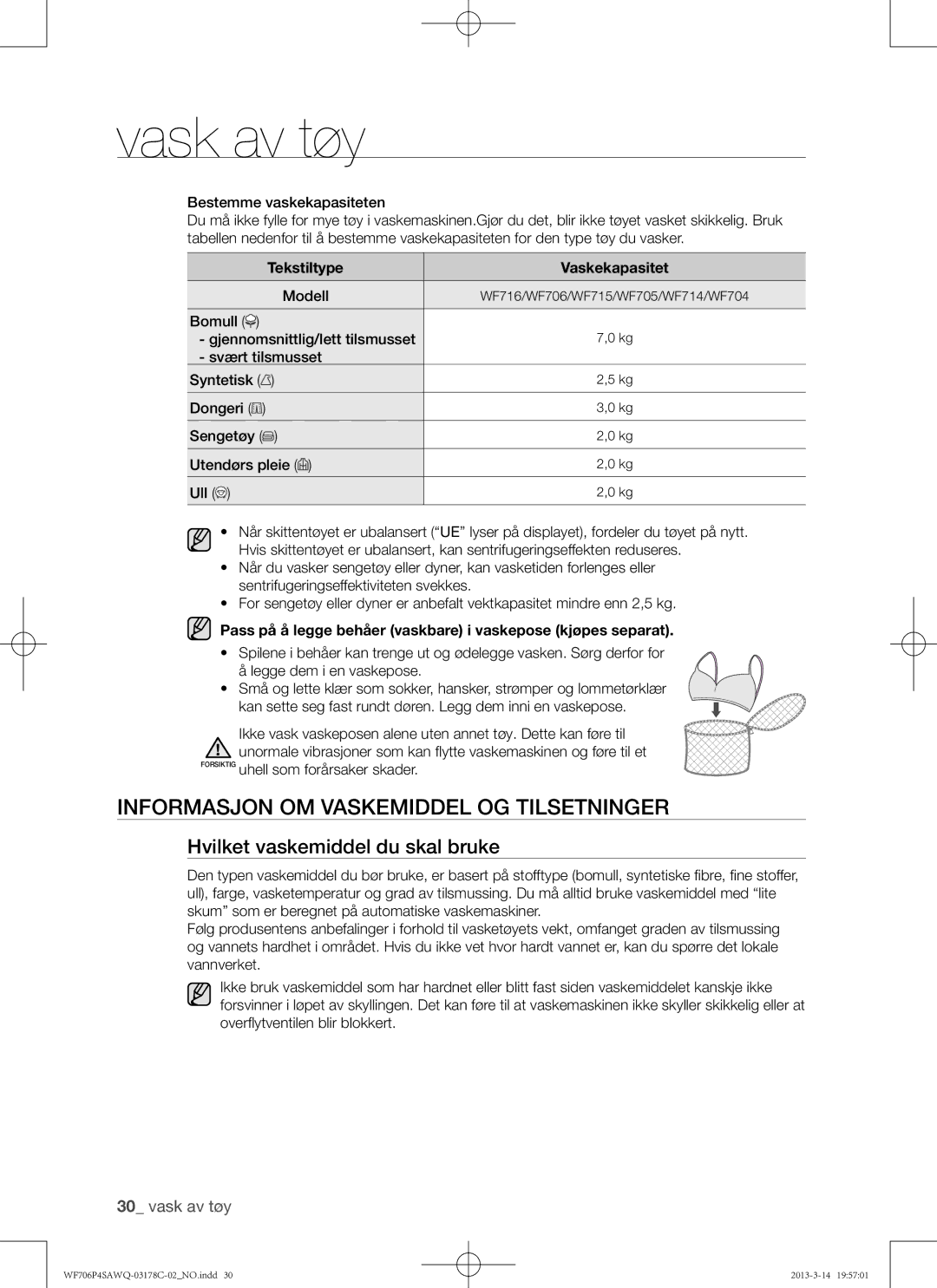 Samsung WF706P4SAWQ/EE manual Informasjon om vaskemiddel og tilsetninger, Hvilket vaskemiddel du skal bruke, Modell 