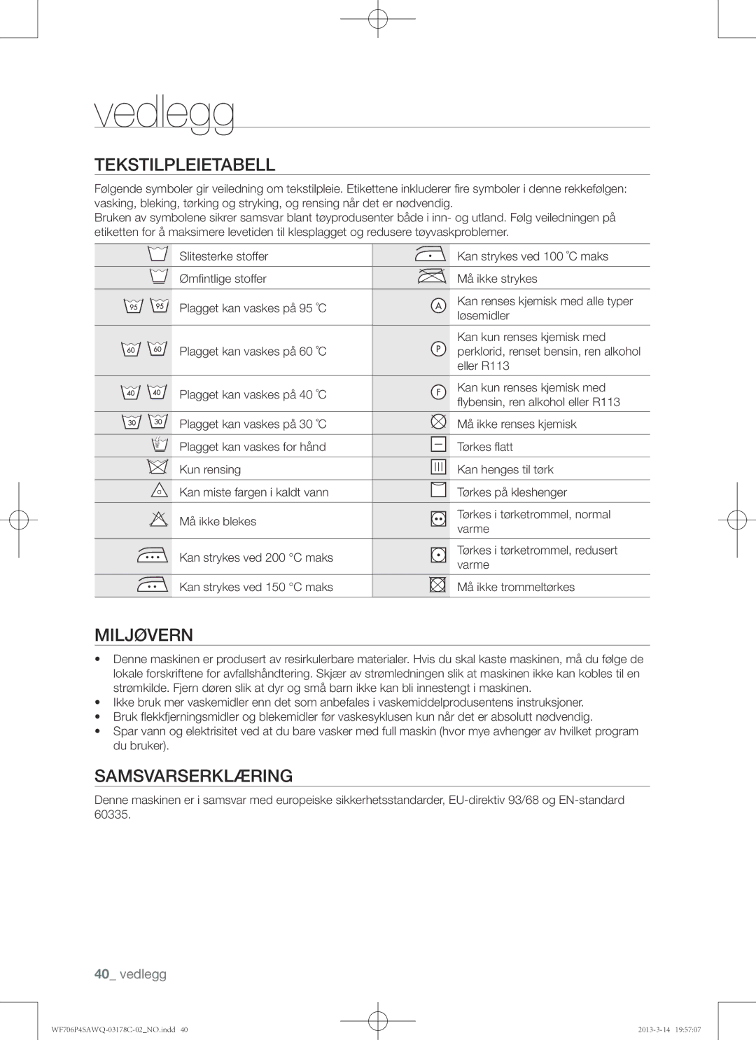 Samsung WF706P4SAWQ/EE manual Vedlegg, Tekstilpleietabell, Miljøvern, Samsvarserklæring, Eller R113 