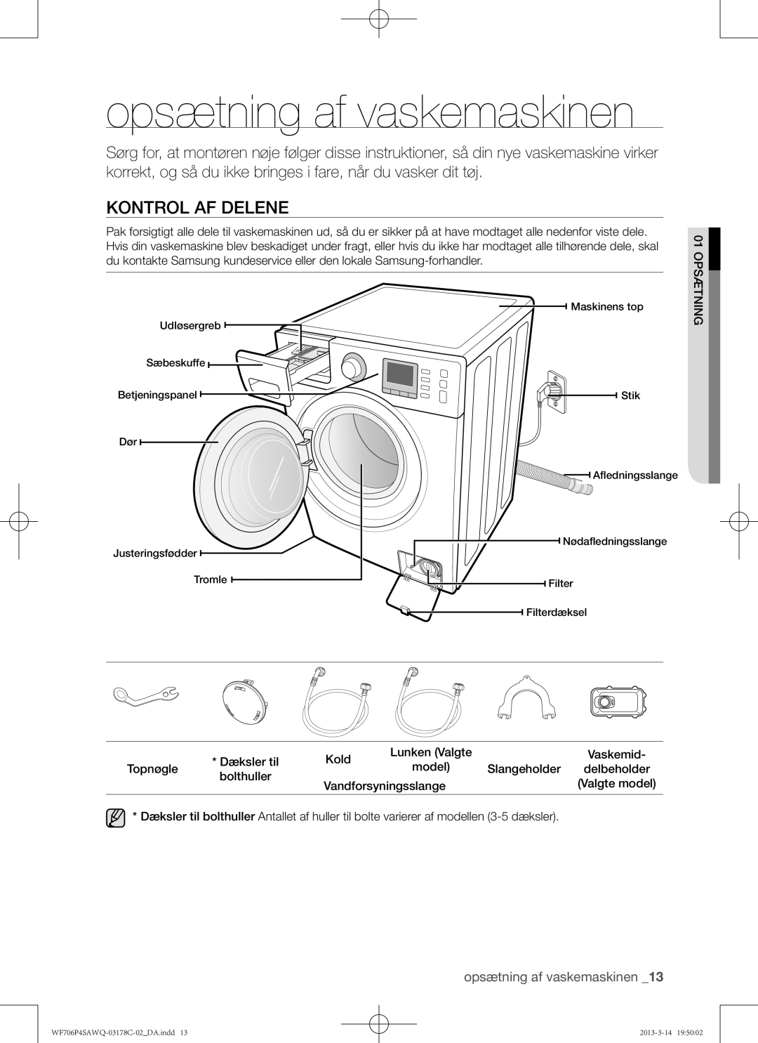 Samsung WF706P4SAWQ/EE manual Opsætning af vaskemaskinen, Kontrol af delene, Dæksler til Kold Lunken Valgte, Topnøgle 