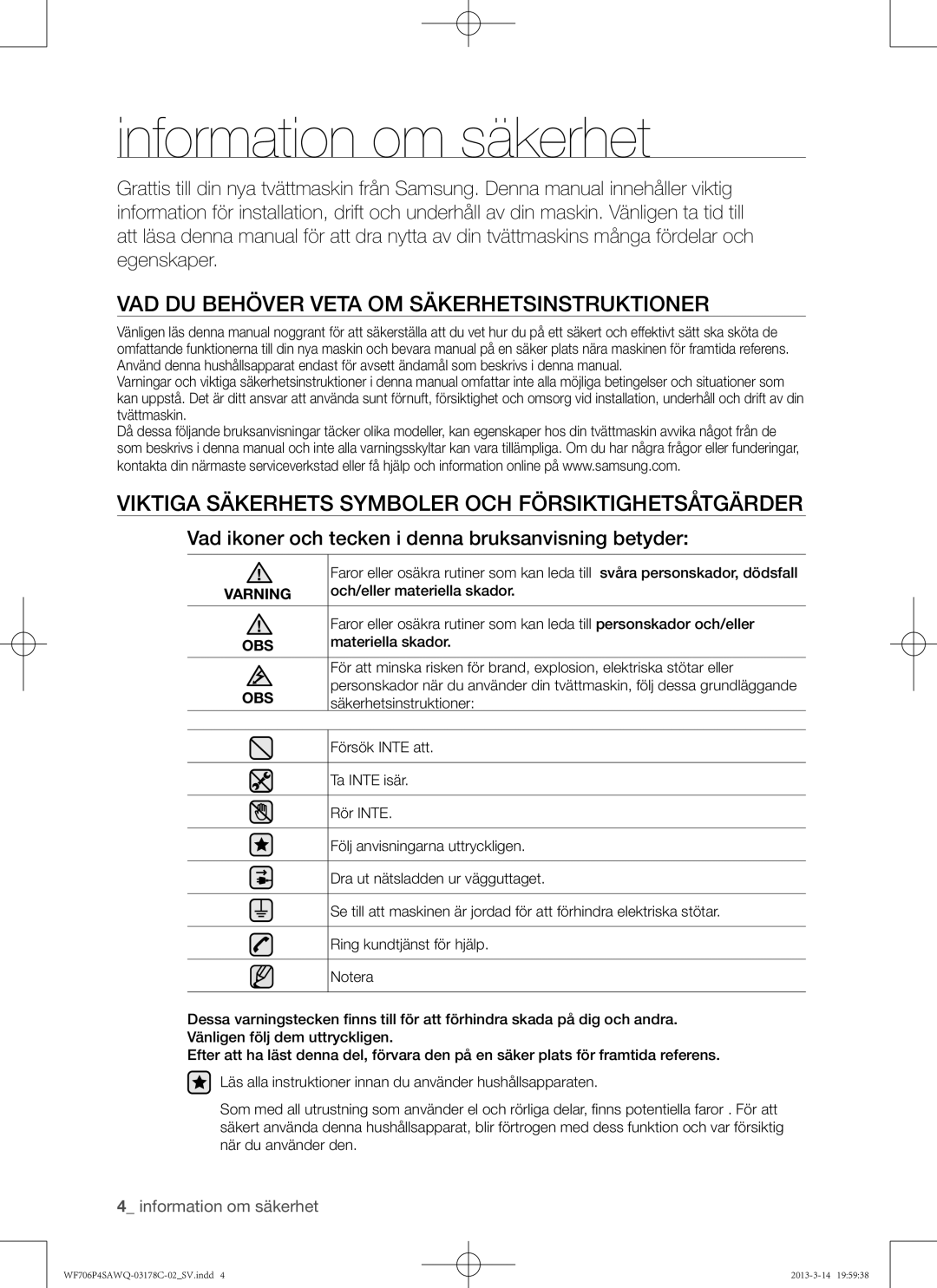 Samsung WF706P4SAWQ/EE manual Information om säkerhet, Vad du behöver veta om säkerhetsinstruktioner 