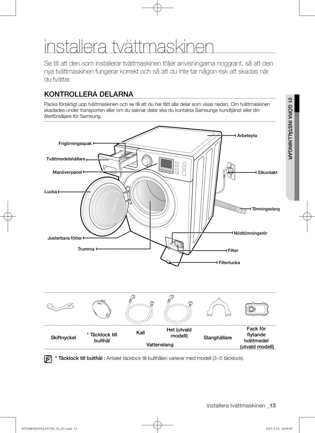 Samsung WF706P4SAWQ/EE manual Installera tvättmaskinen, Kontrollera delarna, Arg 