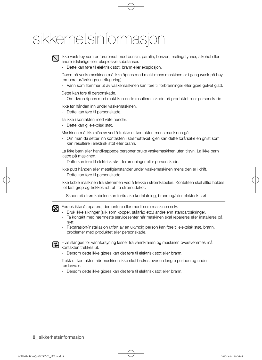 Samsung WF706P4SAWQ/EE manual Sikkerhetsinformasjon 