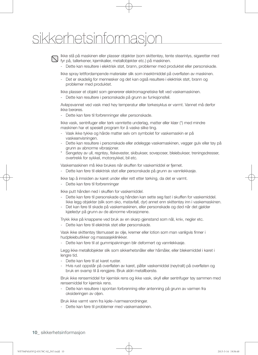 Samsung WF706P4SAWQ/EE manual Sikkerhetsinformasjon 