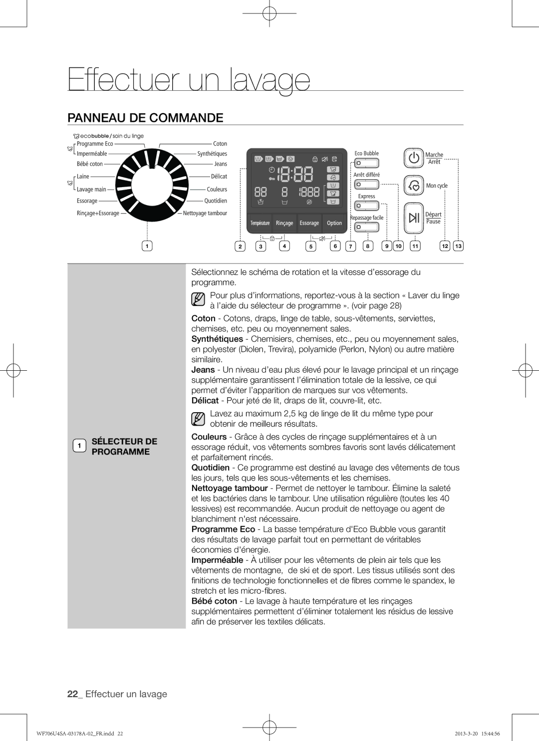 Samsung WF706U4SAGD/EF, WF706U4SAWQ/EF manual Panneau de commande, Sélecteur DE Programme 