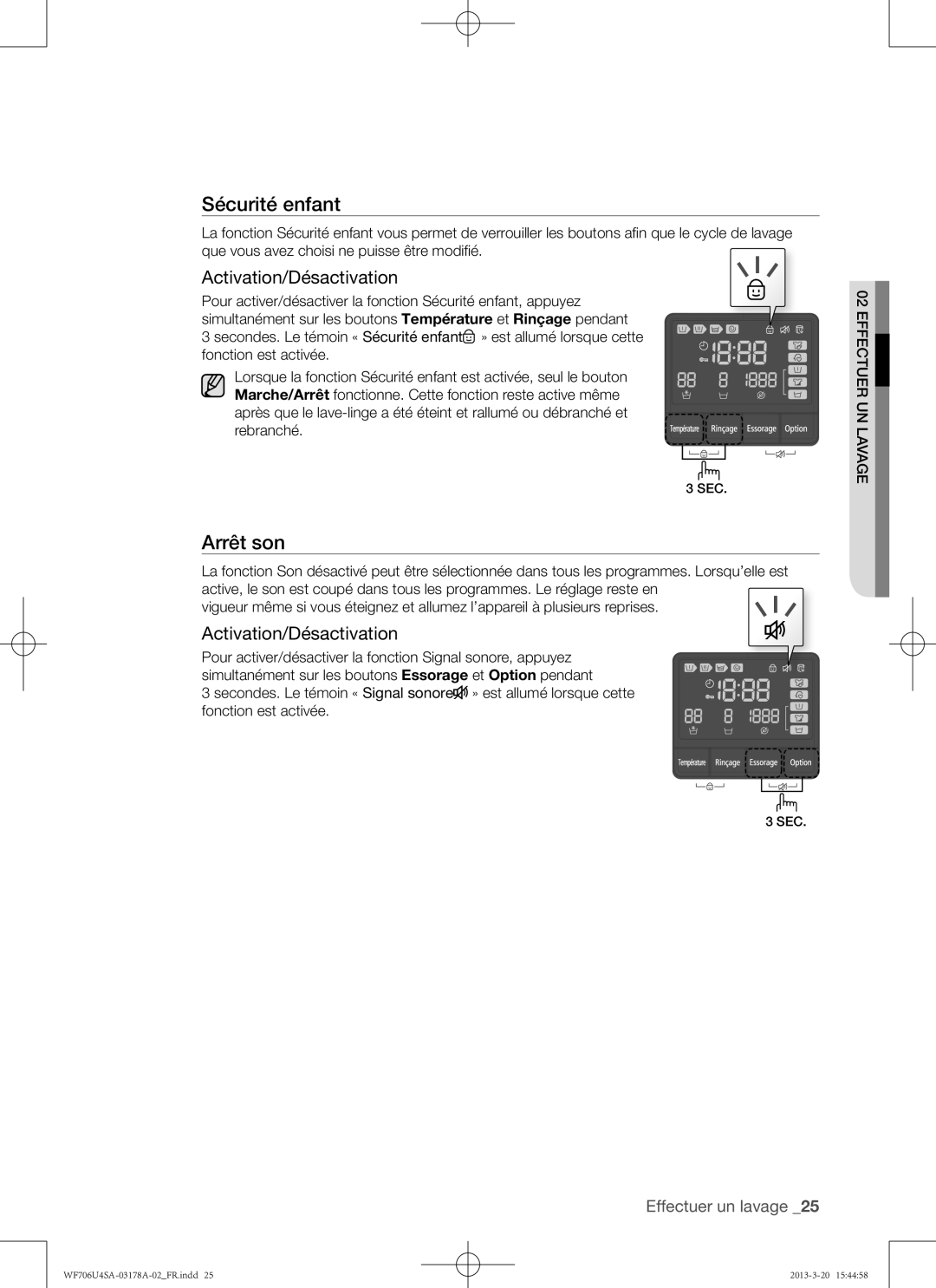 Samsung WF706U4SAWQ/EF, WF706U4SAGD/EF manual Arrêt son, Activation/Désactivation 