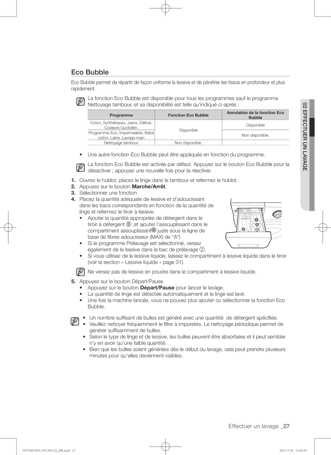 Samsung WF706U4SAWQ/EF, WF706U4SAGD/EF manual Programme Fonction Eco Bubble Annulation de la fonction Eco 